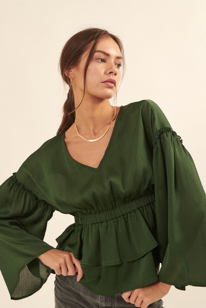 Hunter Green Solid V Neck Long Sleeve Tiered Peplum Blouse sold by Pinkblush product image thumbnail 3