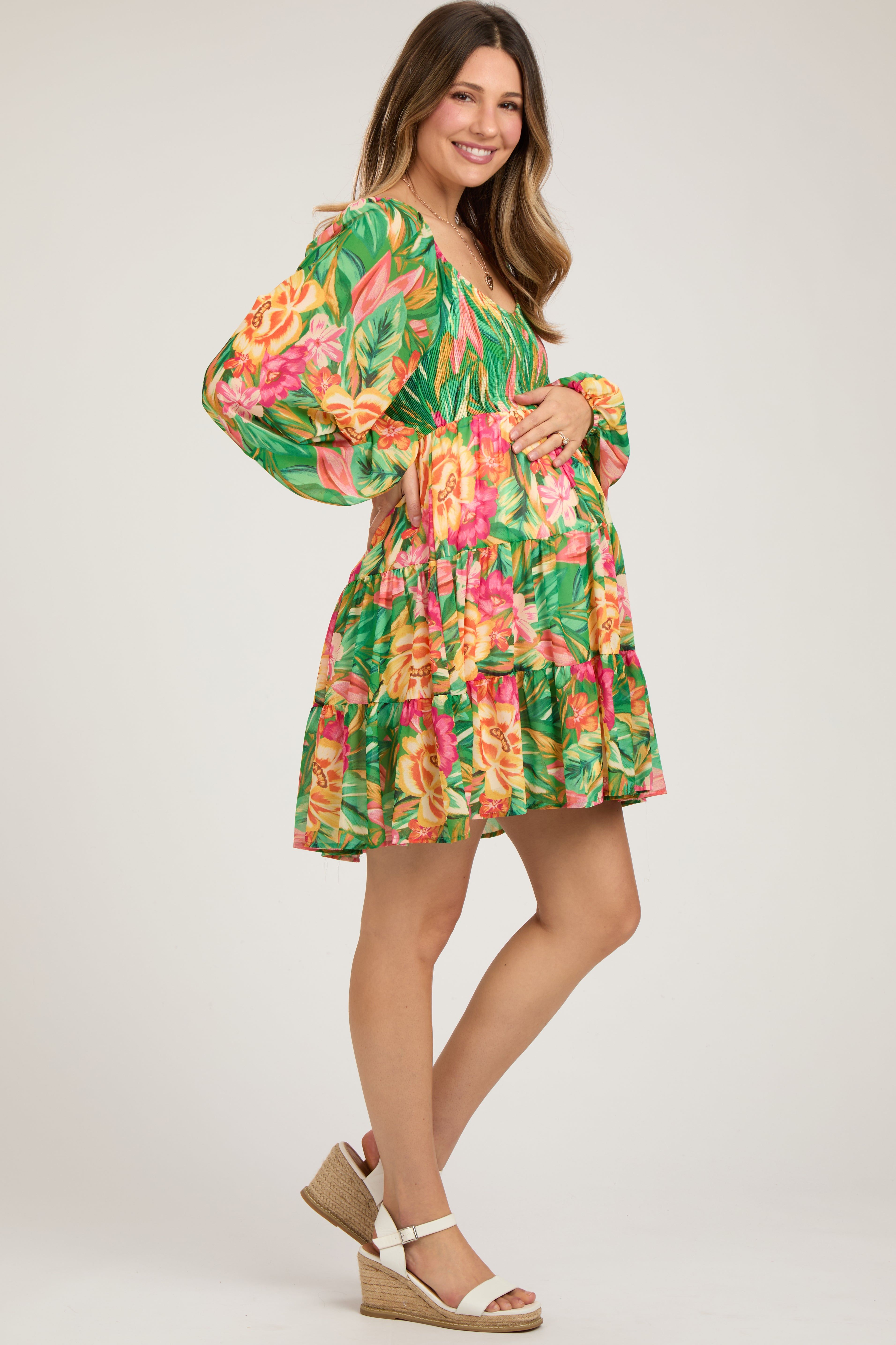 Green Tropical Floral Smocked V-Neck Maternity Midi Dress sold by Pinkblush product image thumbnail 3