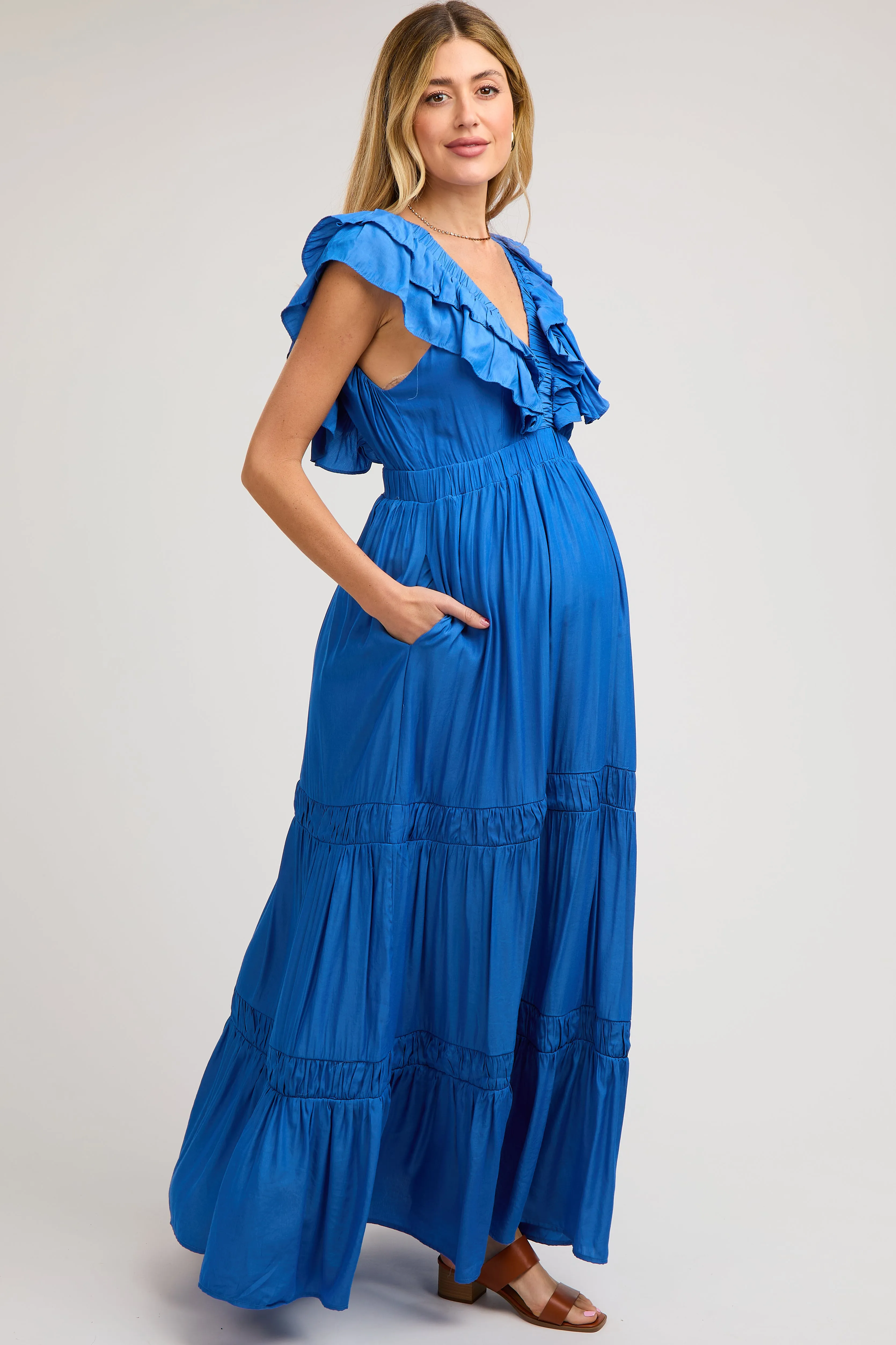 Blue Layered Ruffle Tiered Maternity Maxi Dress sold by Pinkblush product image thumbnail 2