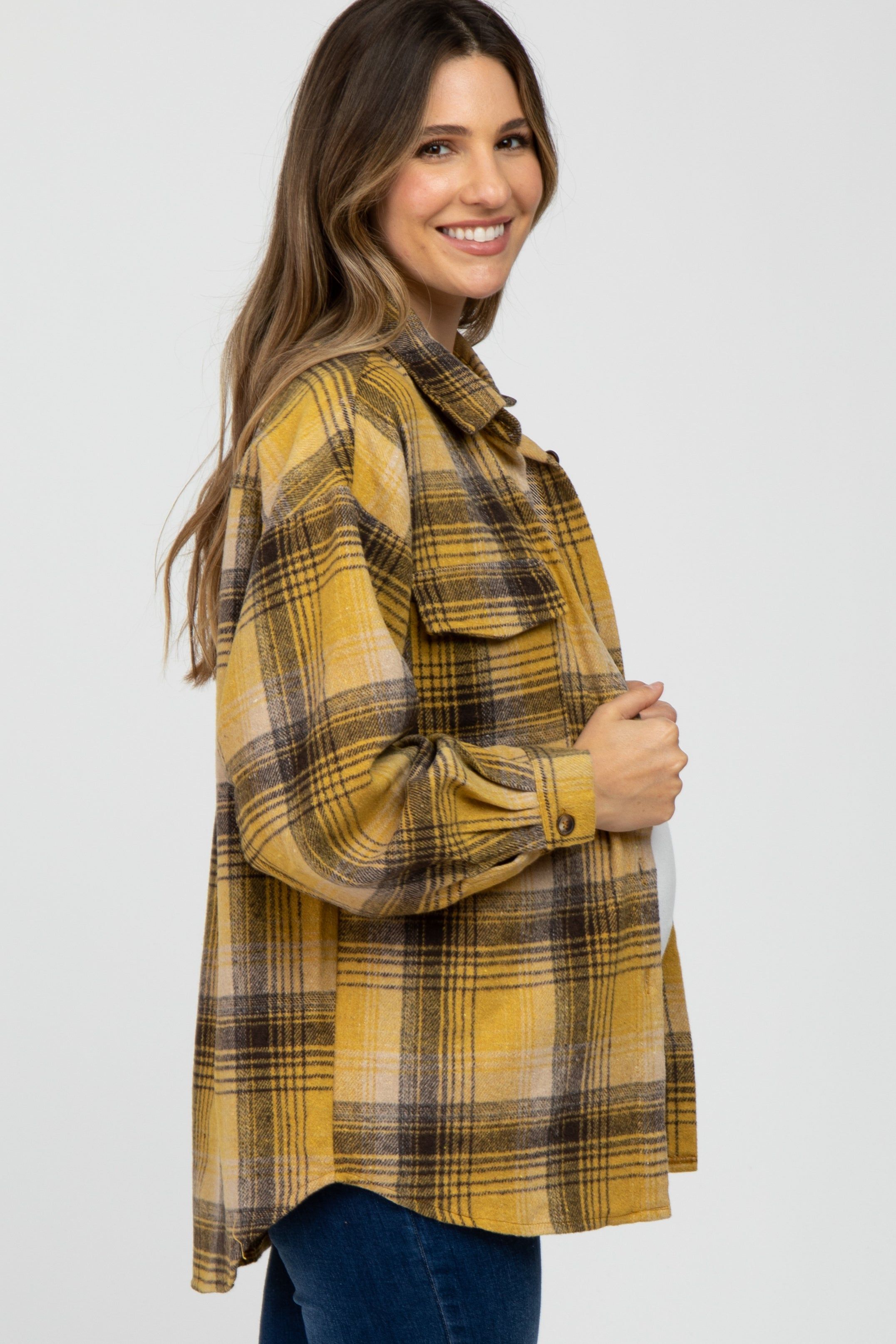 Mustard Plaid Maternity Shacket sold by Pinkblush product image thumbnail 3