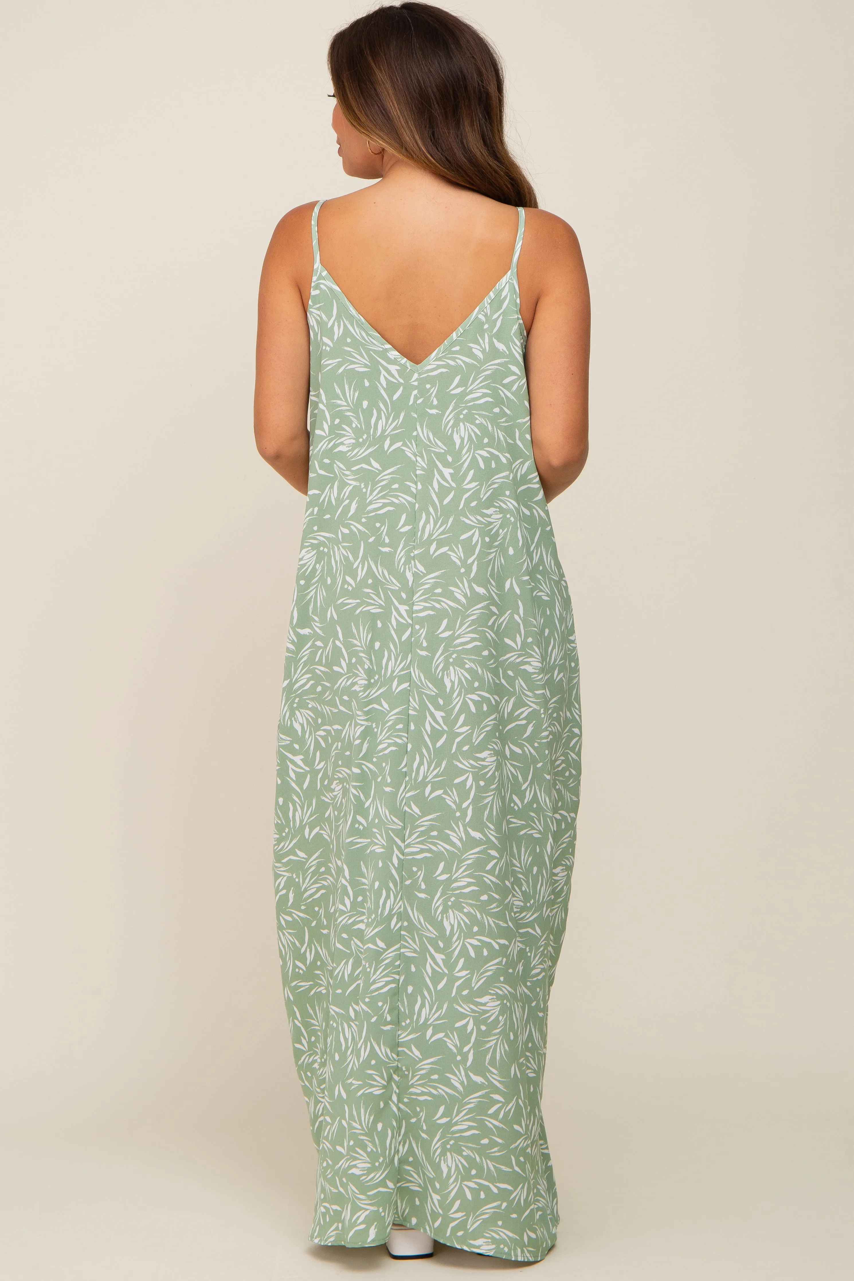 Light Olive Leaf Print Double V-Neck Maternity Maxi Dress sold by Pinkblush product image thumbnail 3