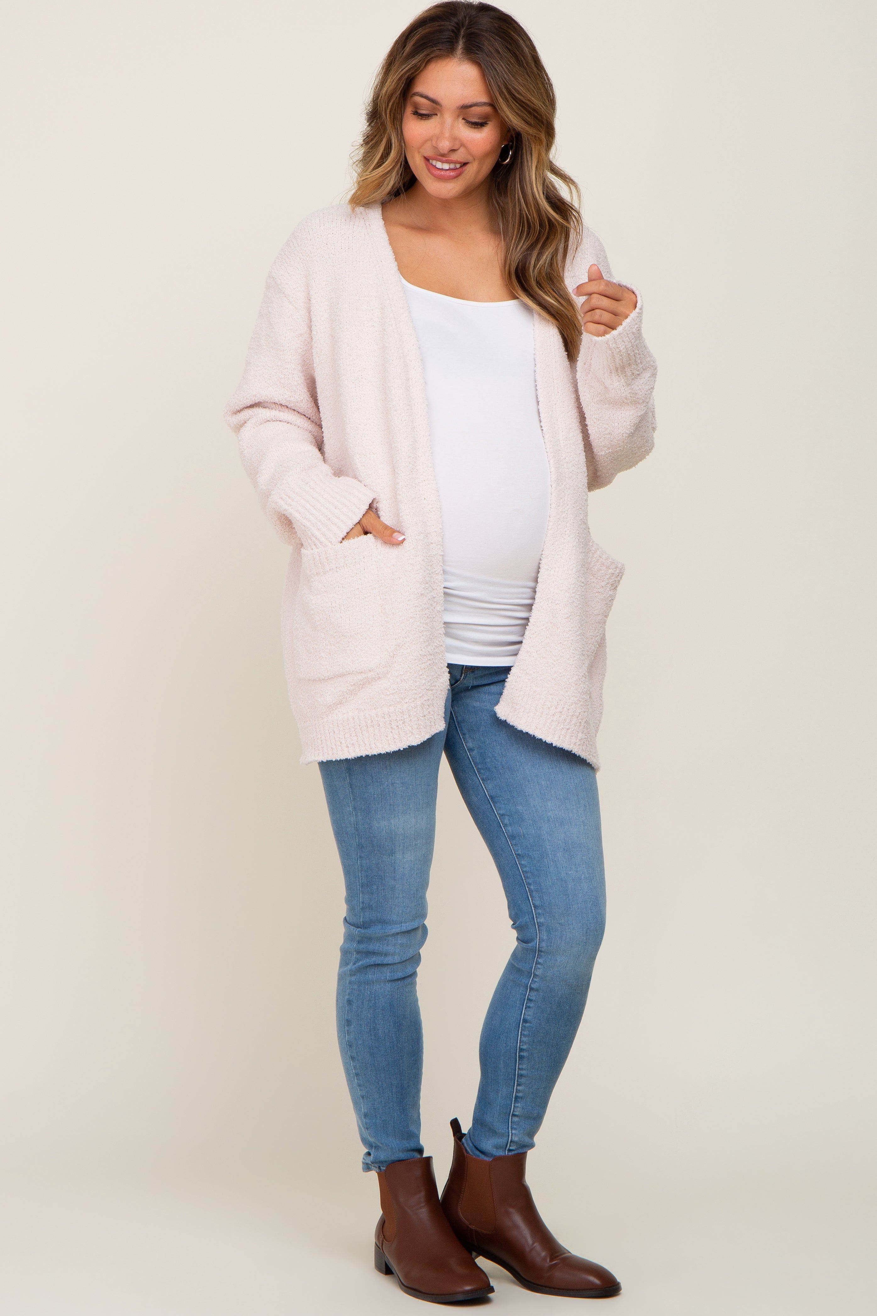 Ivory Fuzzy Knit Front Pocket Maternity Cardigan sold by Pinkblush product image thumbnail 4