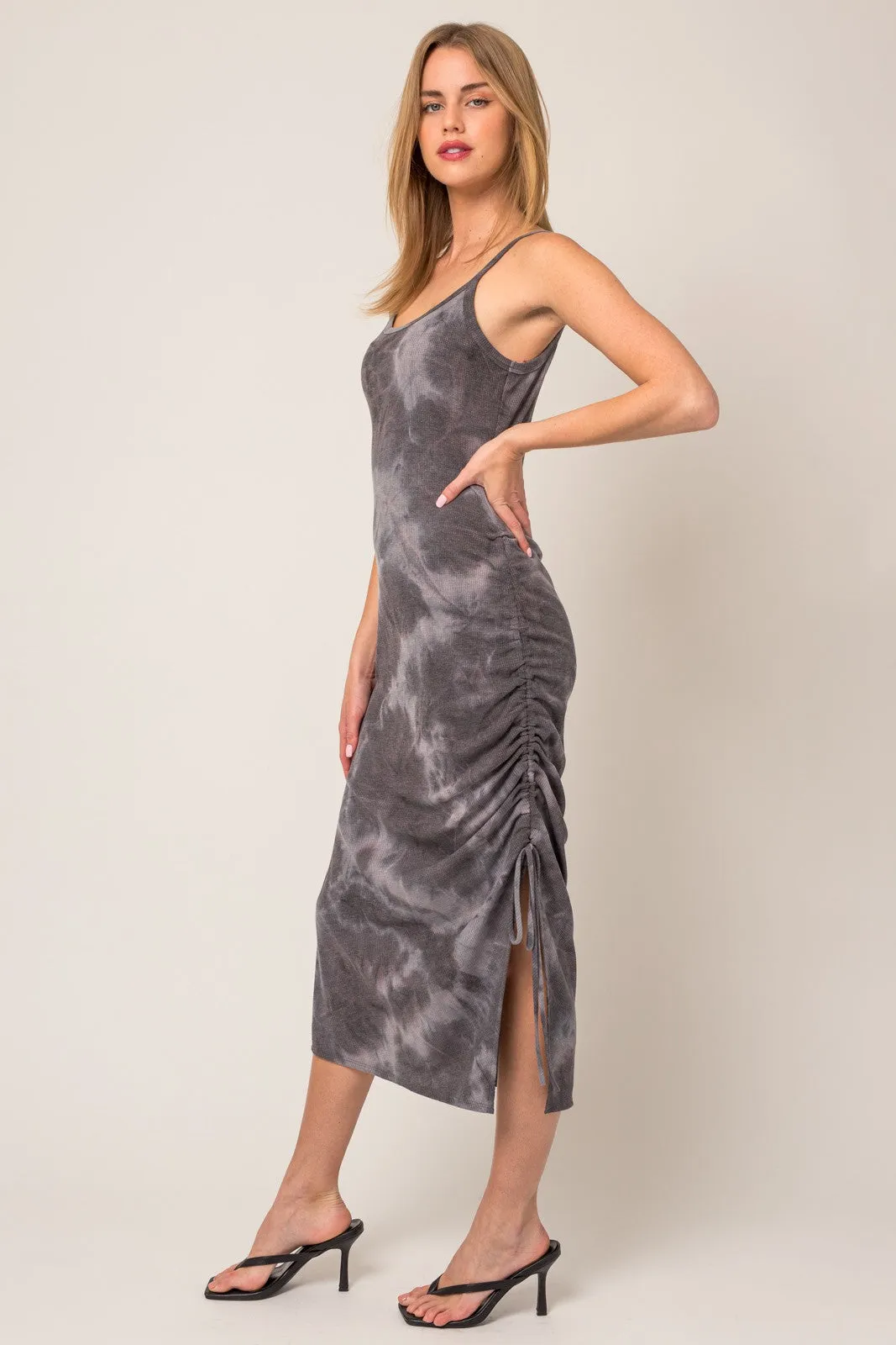 Charcoal Tie Dye Waffle Knit Side Ruched Maternity Midi Dress sold by Pinkblush product image thumbnail 4