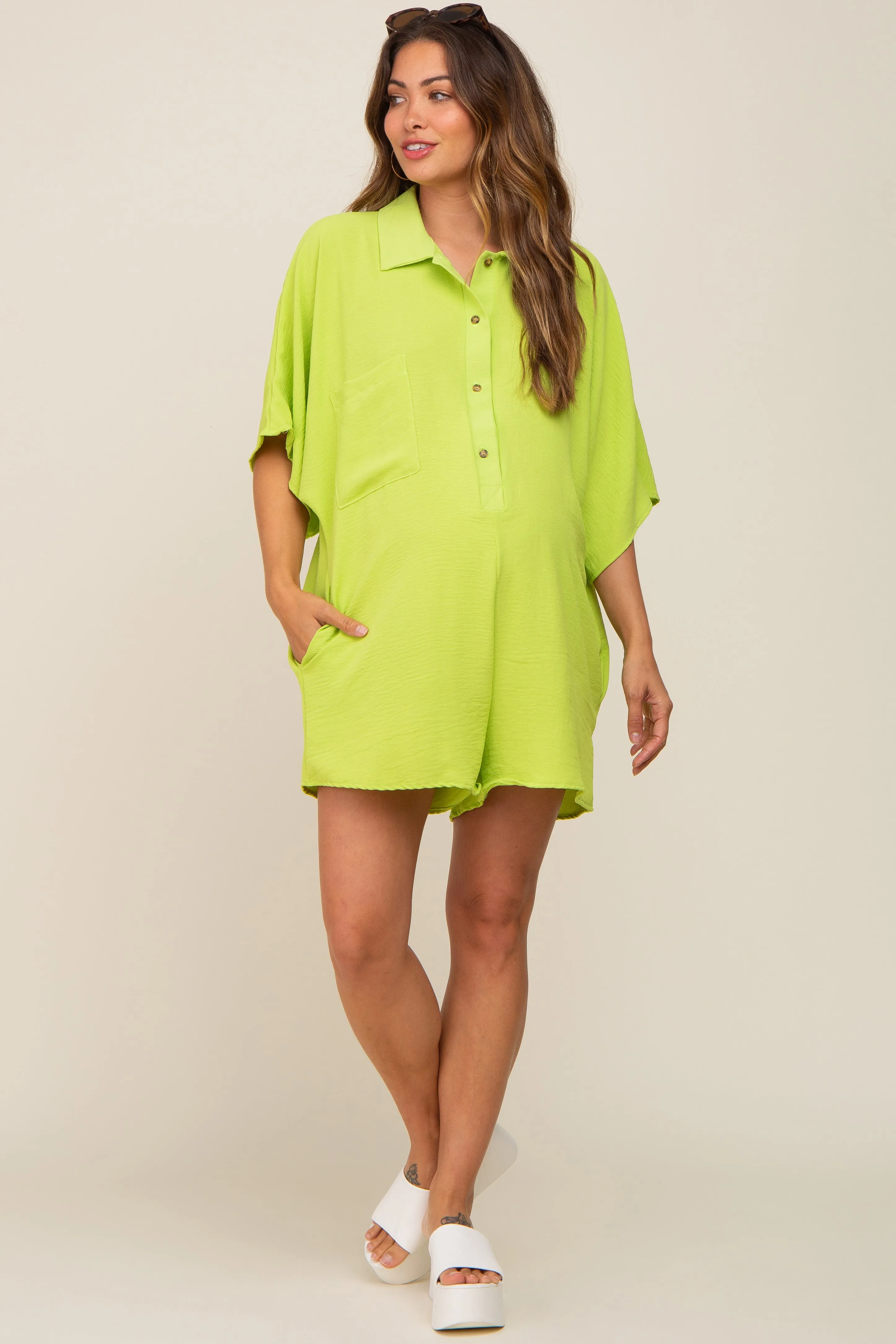 Lime Collared Front Button Maternity Romper sold by Pinkblush product image thumbnail 5