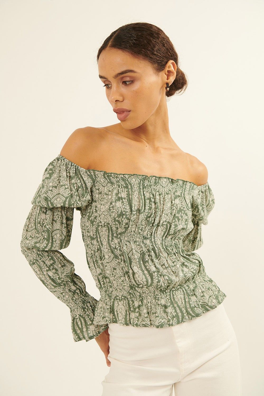 Smoke Green Floral Print Smocked Peasant Top sold by Pinkblush product image thumbnail 2