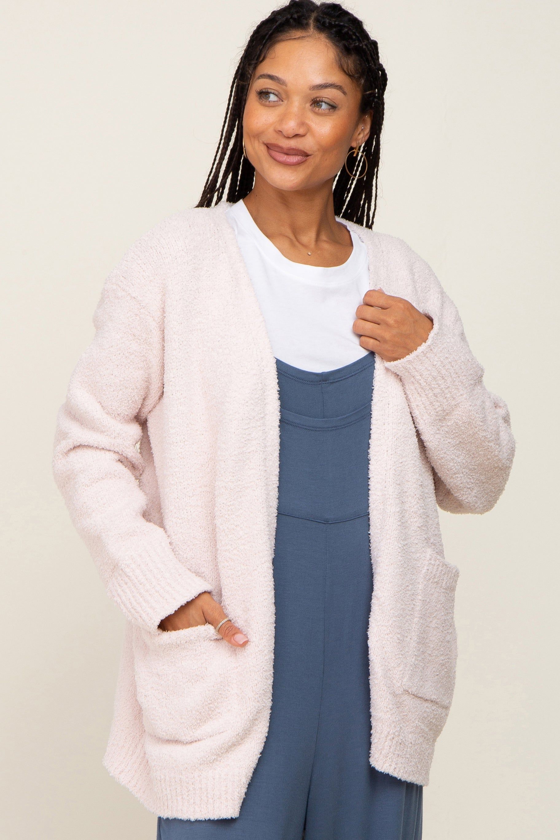 Ivory Fuzzy Knit Front Pocket Maternity Cardigan sold by Pinkblush product image thumbnail 5