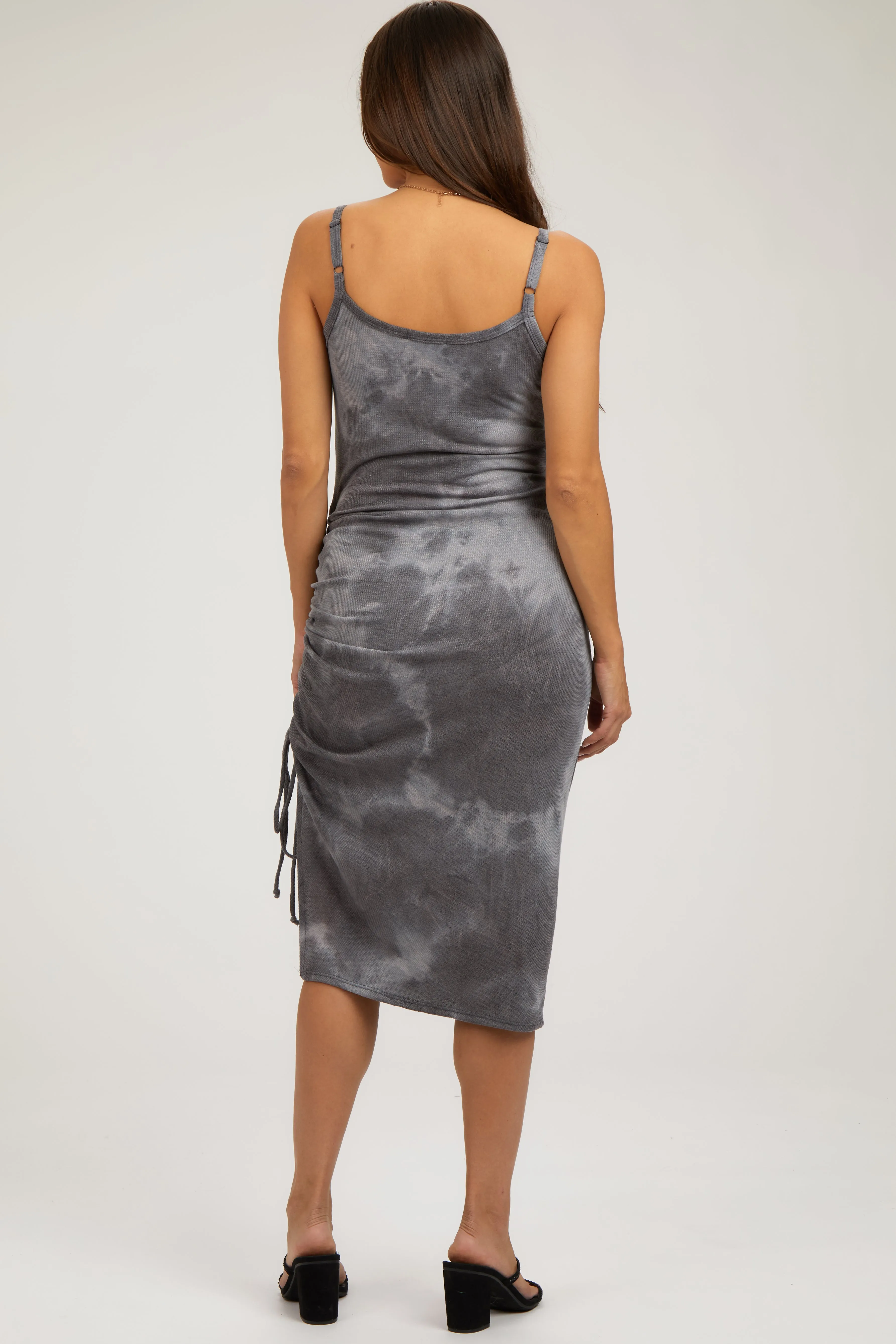 Charcoal Tie Dye Waffle Knit Side Ruched Maternity Midi Dress sold by Pinkblush product image thumbnail 3