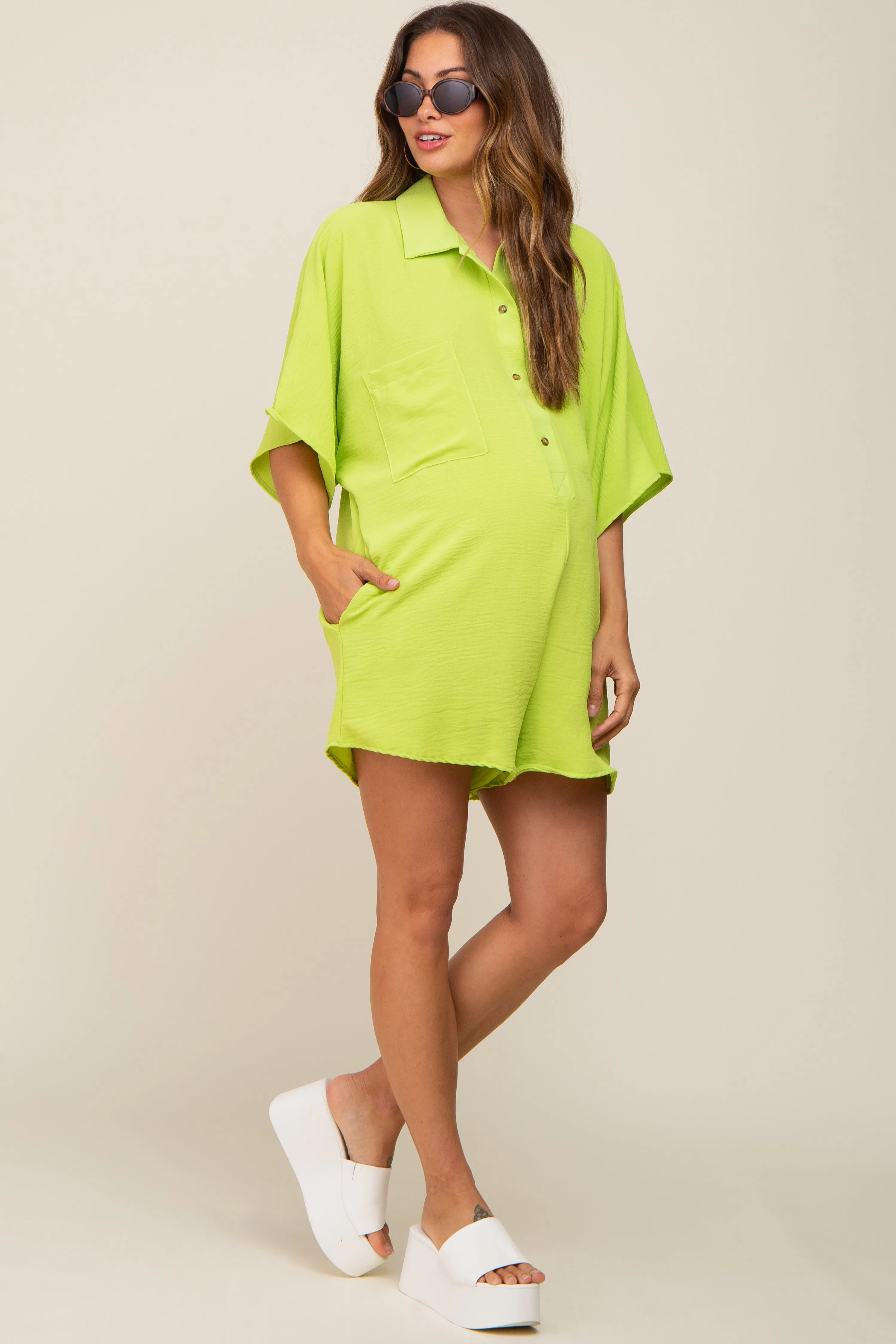 Lime Collared Front Button Maternity Romper sold by Pinkblush product image thumbnail 4