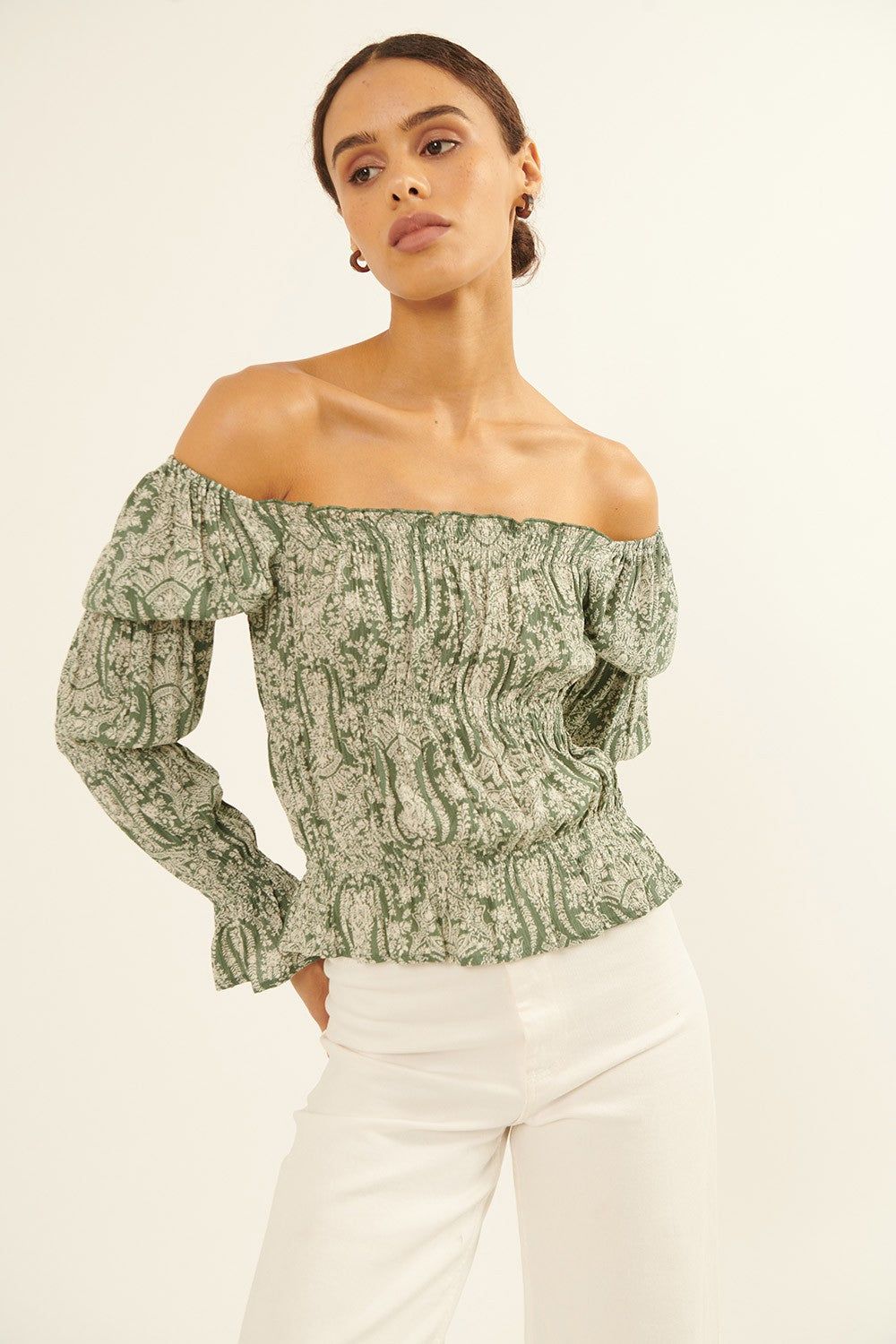 Smoke Green Floral Print Smocked Peasant Top sold by Pinkblush