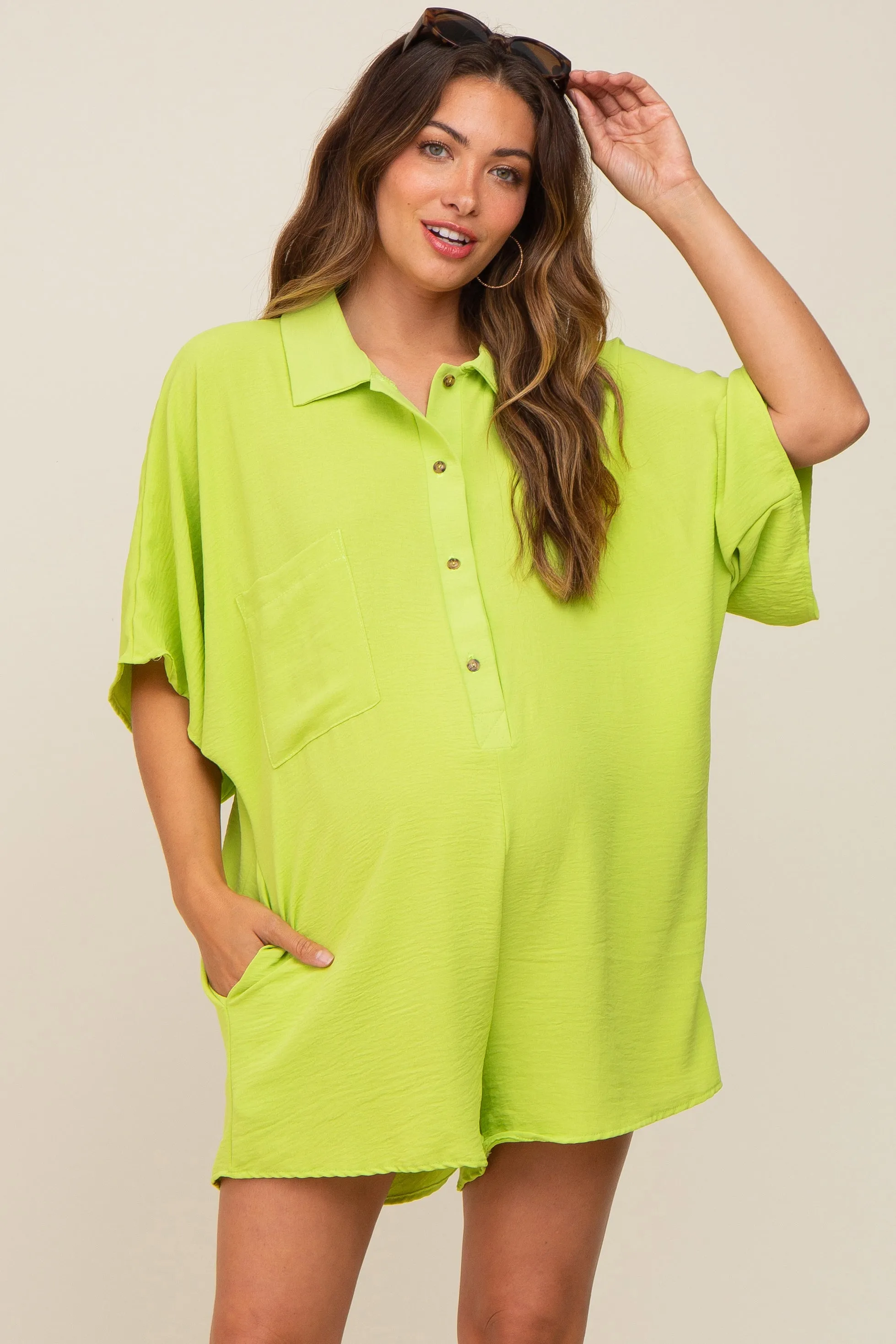 Lime Collared Front Button Maternity Romper sold by Pinkblush