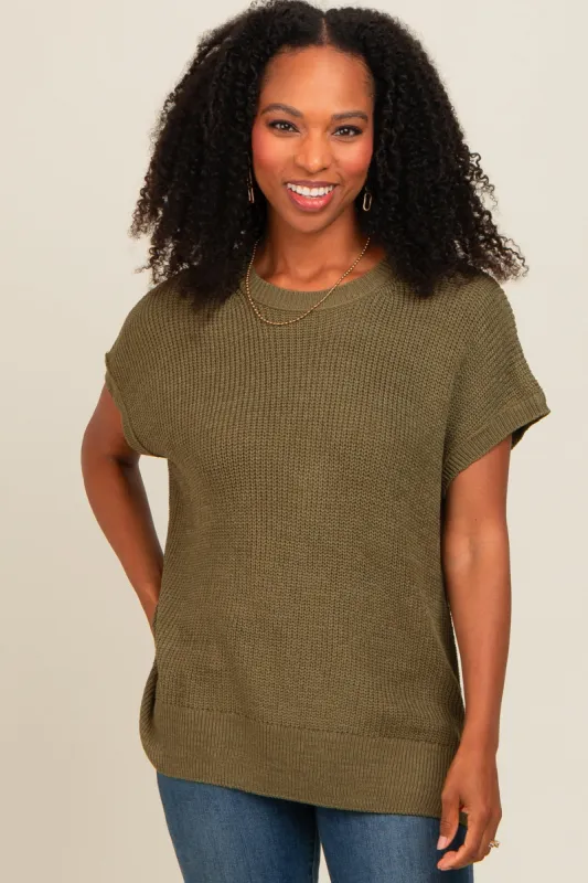 Light Olive Dolman Short Sleeve Side Slit Sweater Top sold by Pinkblush