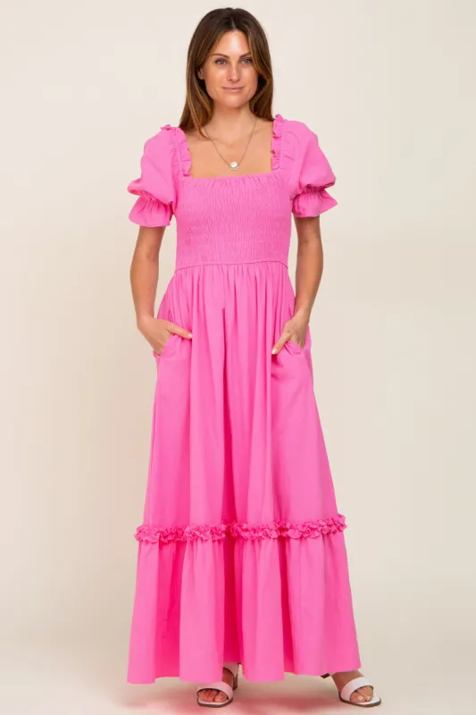 Hot Pink Puff Sleeve Ruffle Accent Maxi Dress sold by Pinkblush