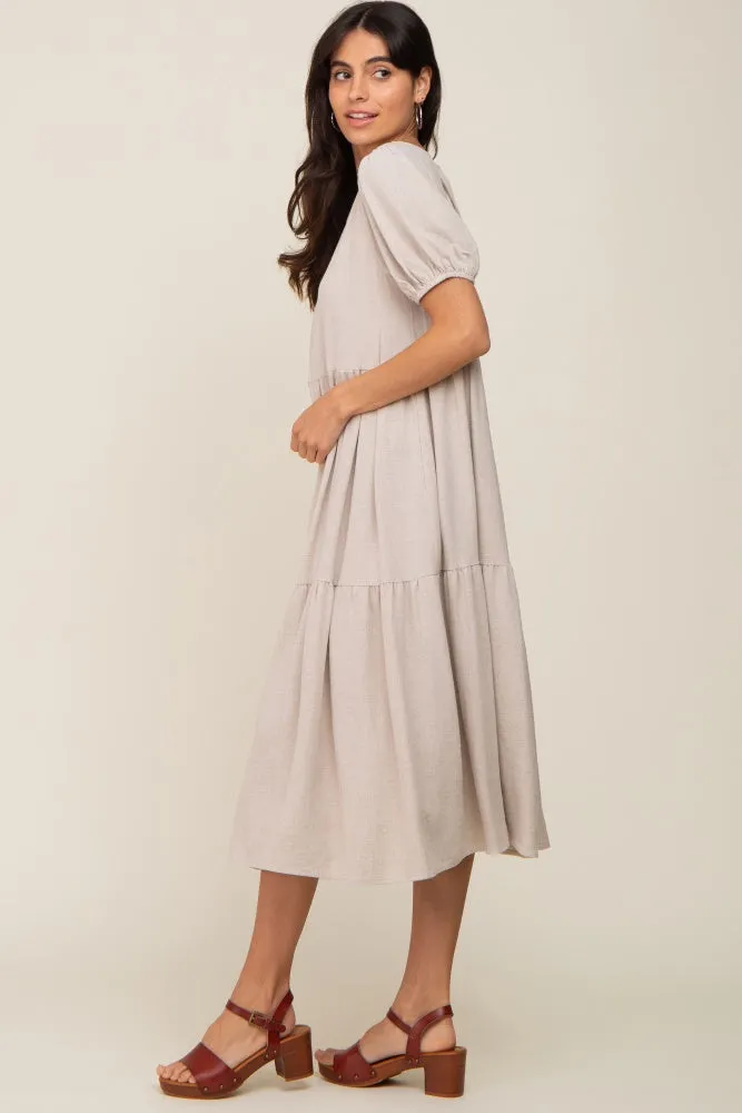 Beige Linen Short Sleeve Tiered Back Tie Midi Dress sold by Pinkblush product image thumbnail 3