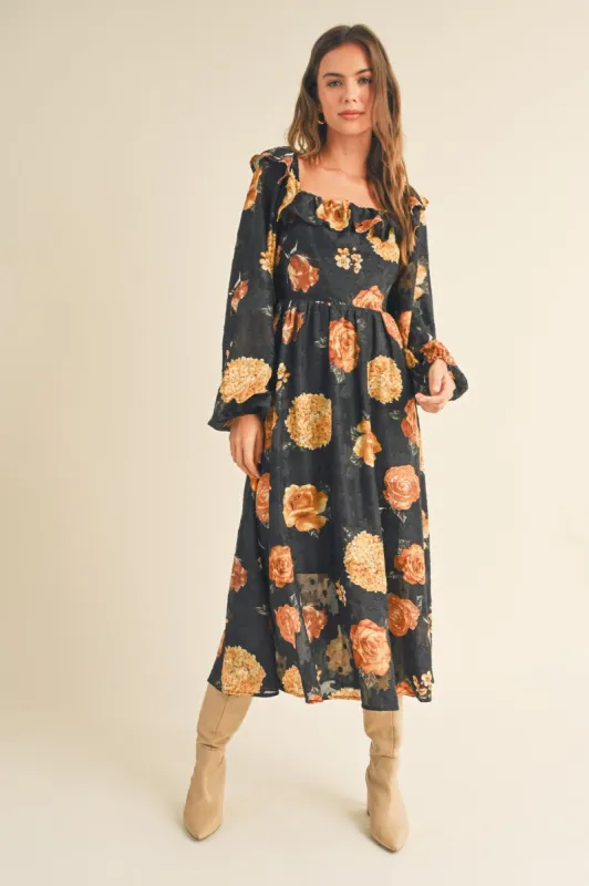 Black Floral Jacquard Chiffon Balloon Sleeve Midi Dress sold by Pinkblush