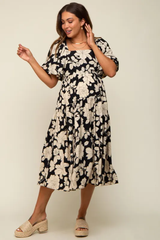 Black Floral Puff Sleeve Tiered Maternity Dress sold by Pinkblush