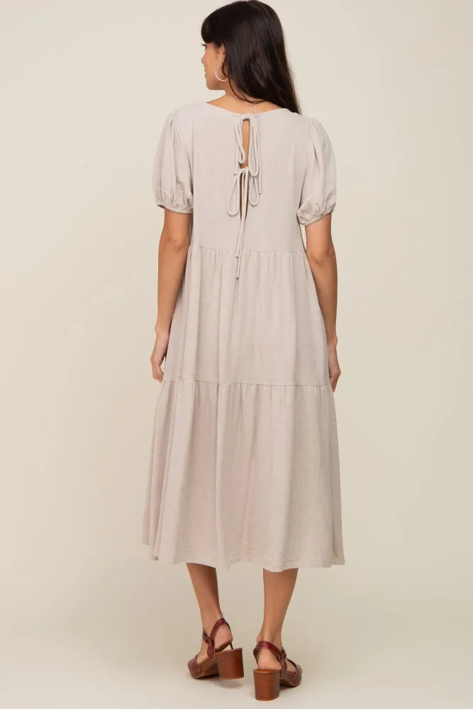 Beige Linen Short Sleeve Tiered Back Tie Midi Dress sold by Pinkblush product image thumbnail 4