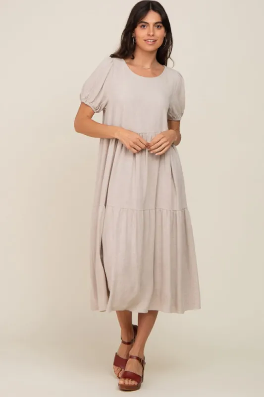 Beige Linen Short Sleeve Tiered Back Tie Midi Dress sold by Pinkblush