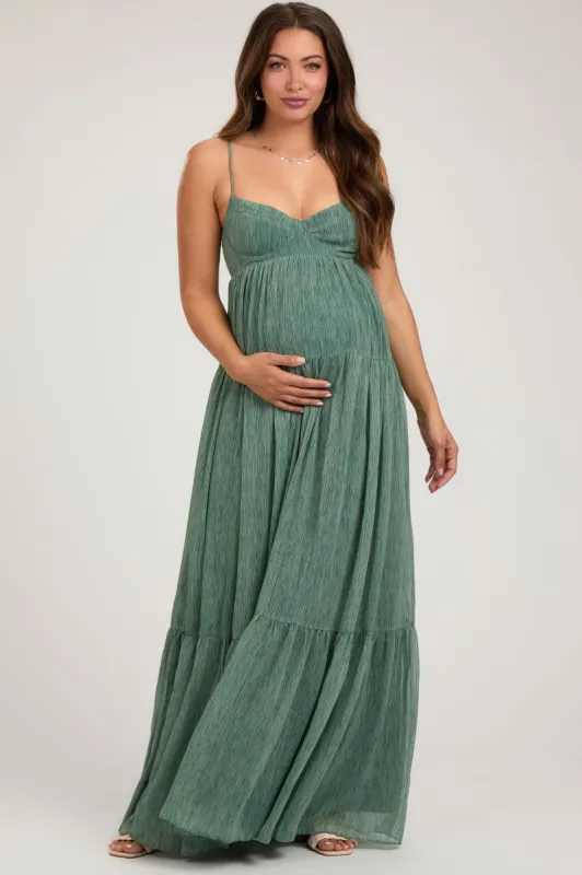 Light Olive Printed Tiered Maternity Maxi Dress sold by Pinkblush