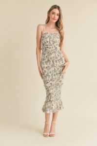 Cream Floral Smocked Fitted Midi Dress sold by Pinkblush