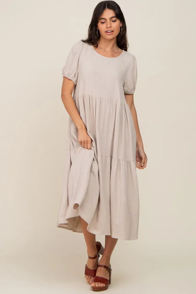 Beige Linen Short Sleeve Tiered Back Tie Midi Dress sold by Pinkblush product image thumbnail 5