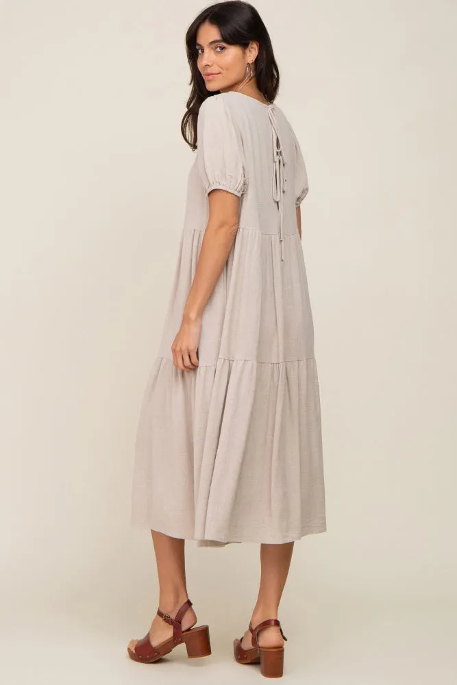 Beige Linen Short Sleeve Tiered Back Tie Midi Dress sold by Pinkblush product image thumbnail 2