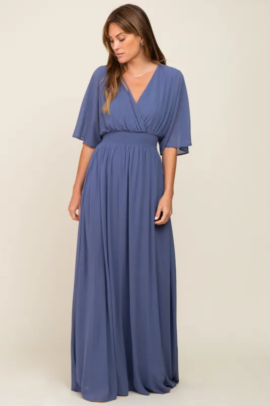 Navy Chiffon V-Neck Smocked Waist Maxi Dress sold by Pinkblush