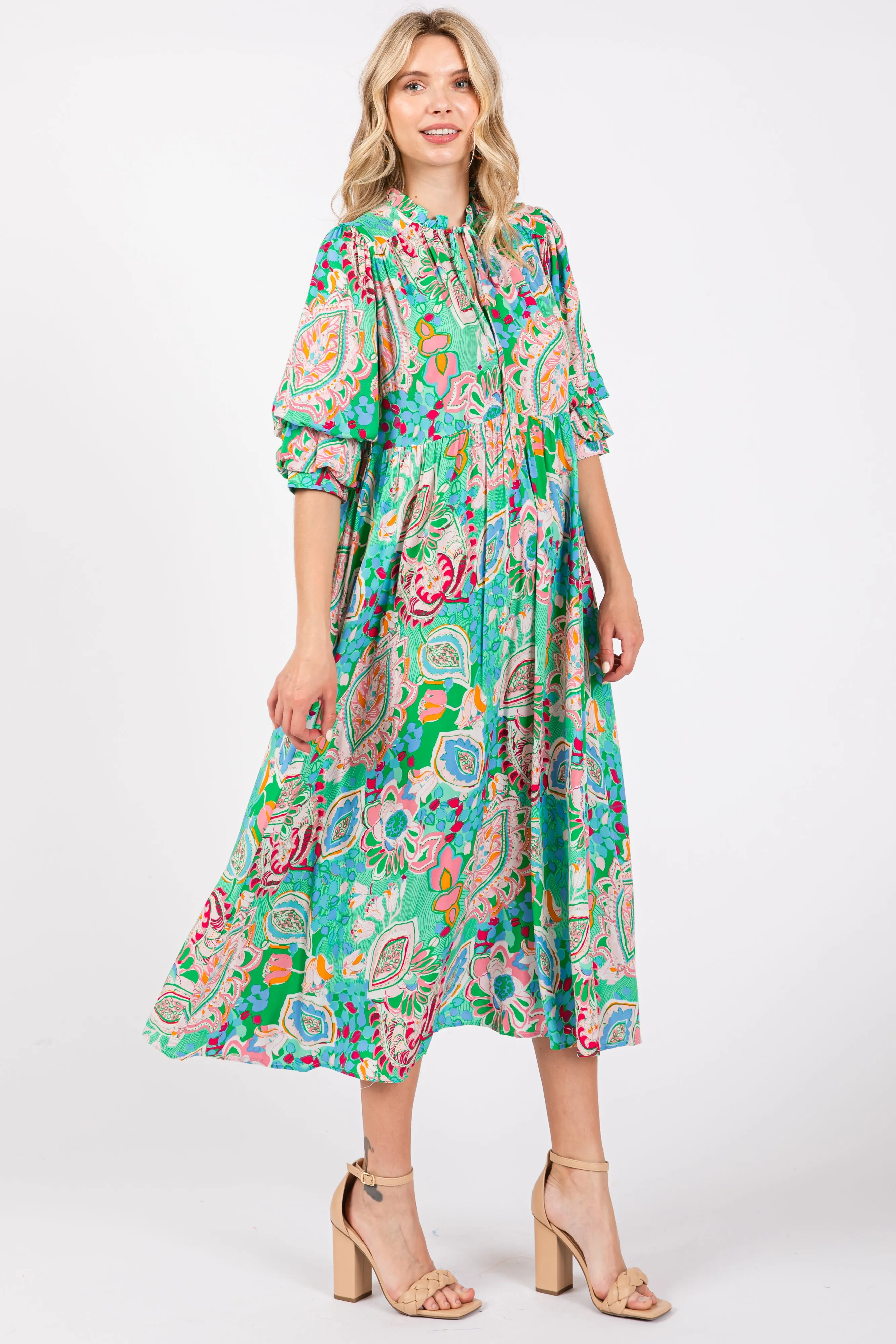 Emerald Paisley Print Tiered A-Line Midi Dress sold by Pinkblush product image thumbnail 2