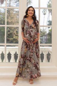 PinkBlush Grey Floral Sash Tie Maternity/Nursing Dress sold by Pinkblush
