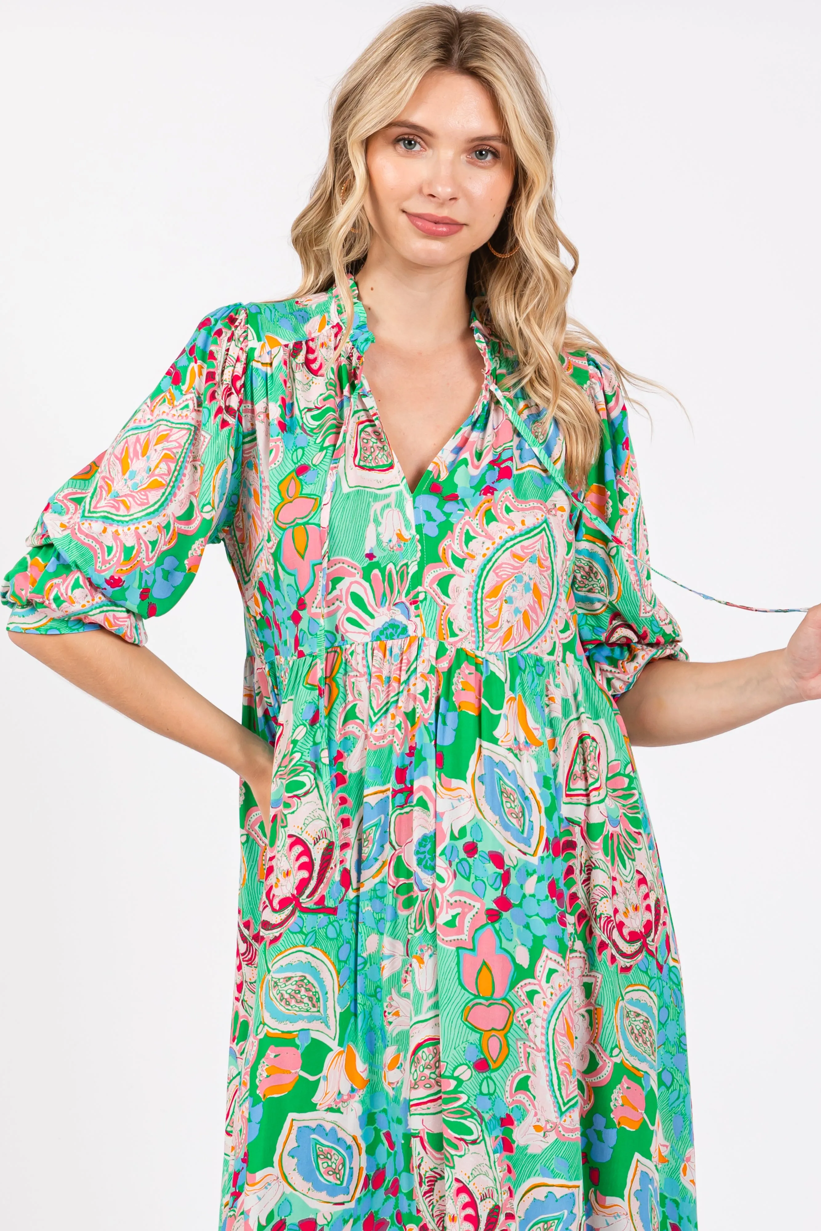 Emerald Paisley Print Tiered A-Line Midi Dress sold by Pinkblush product image thumbnail 4