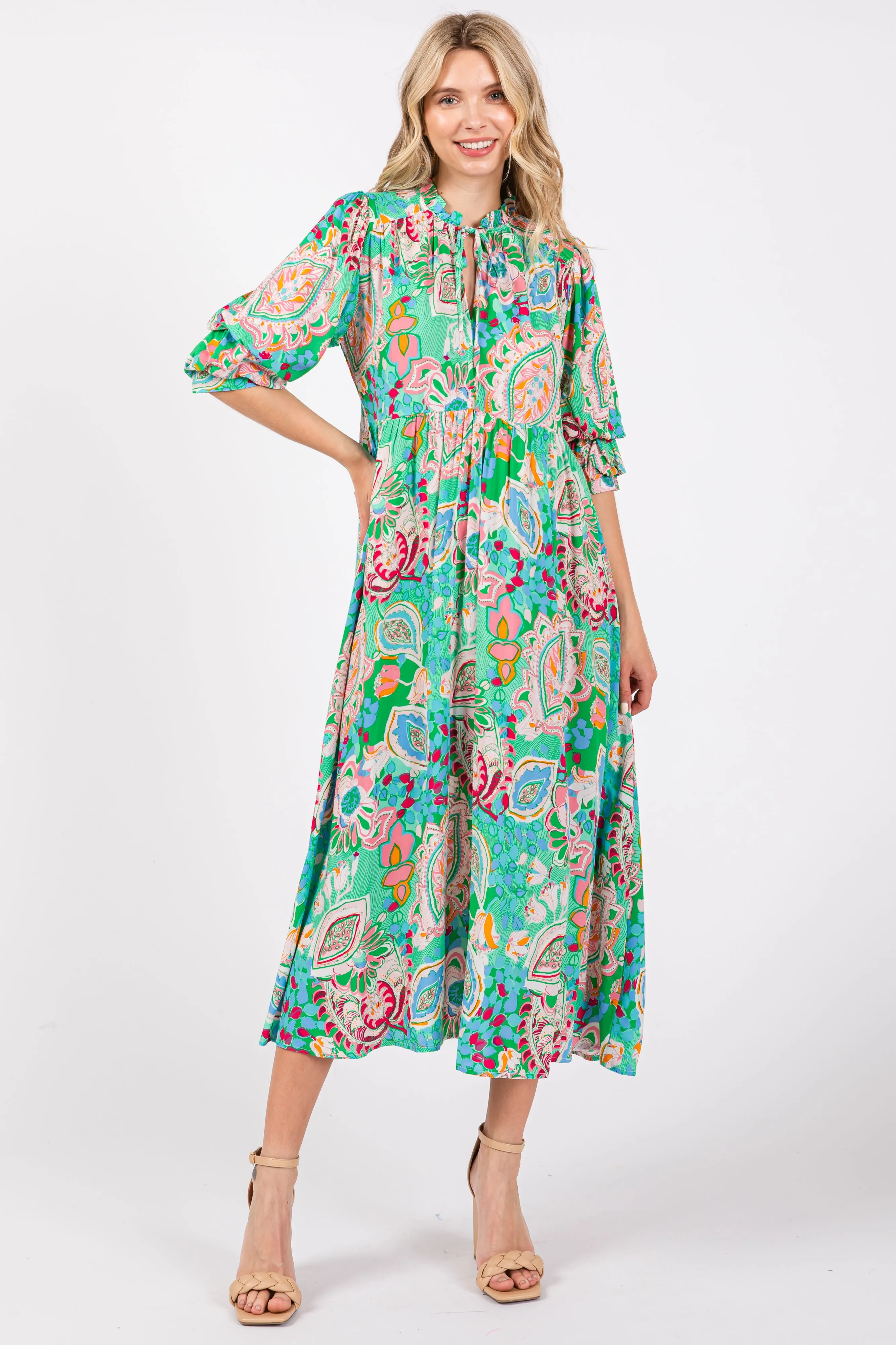 Emerald Paisley Print Tiered A-Line Midi Dress sold by Pinkblush