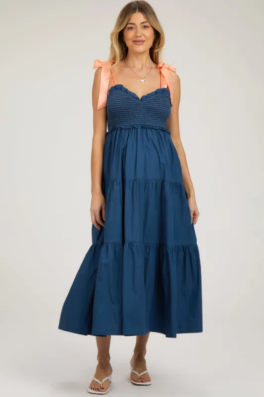 Navy Blue V-Neck Smocked Satin Tie Maternity Midi Dress sold by Pinkblush