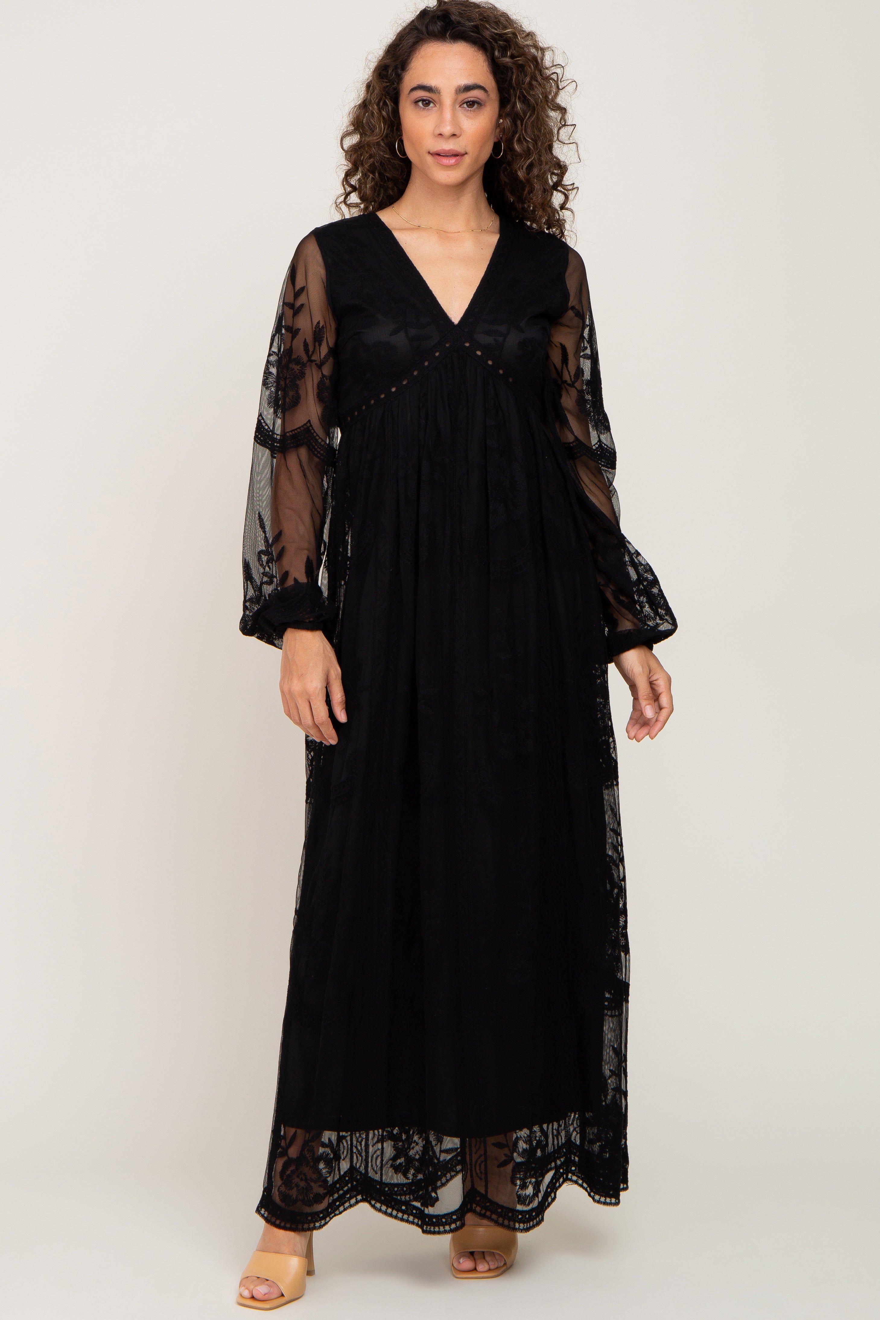PinkBlush Black Lace Mesh Overlay Long Sleeve Maxi Dress sold by Pinkblush product image thumbnail 4