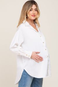 White Satin Button Up Maternity Blouse sold by Pinkblush