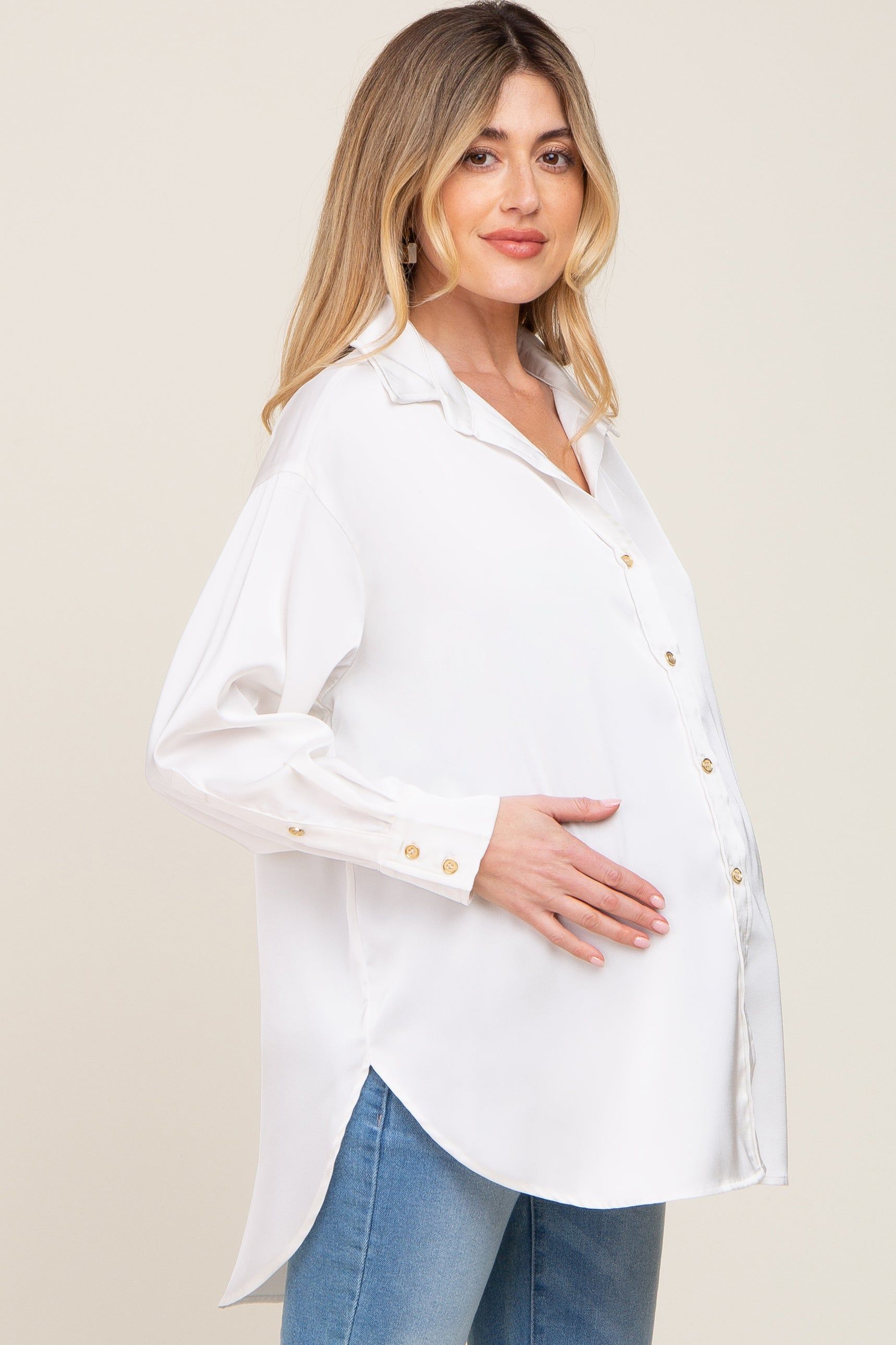 White Satin Button Up Maternity Blouse sold by Pinkblush product image thumbnail 3