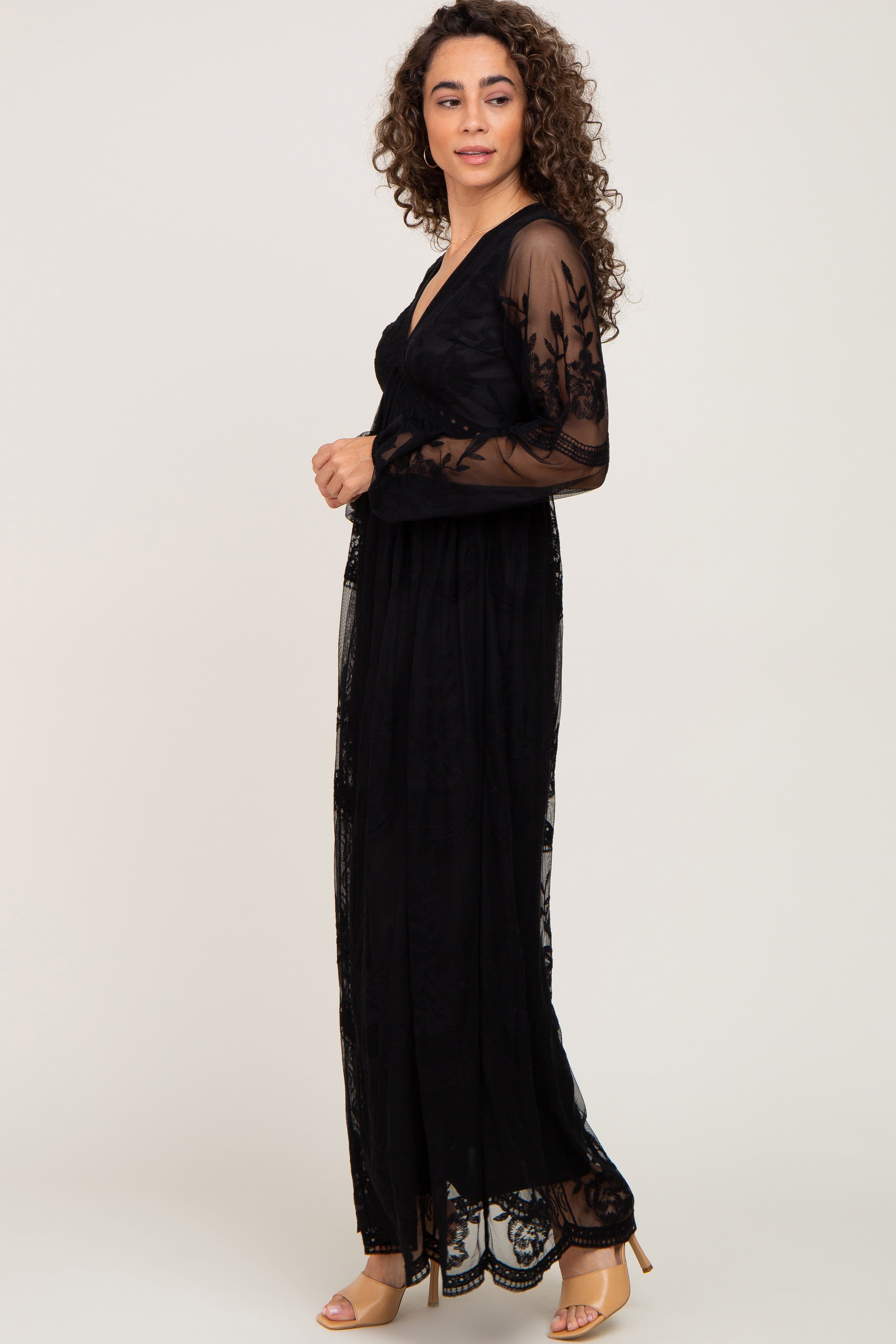 PinkBlush Black Lace Mesh Overlay Long Sleeve Maxi Dress sold by Pinkblush product image thumbnail 2