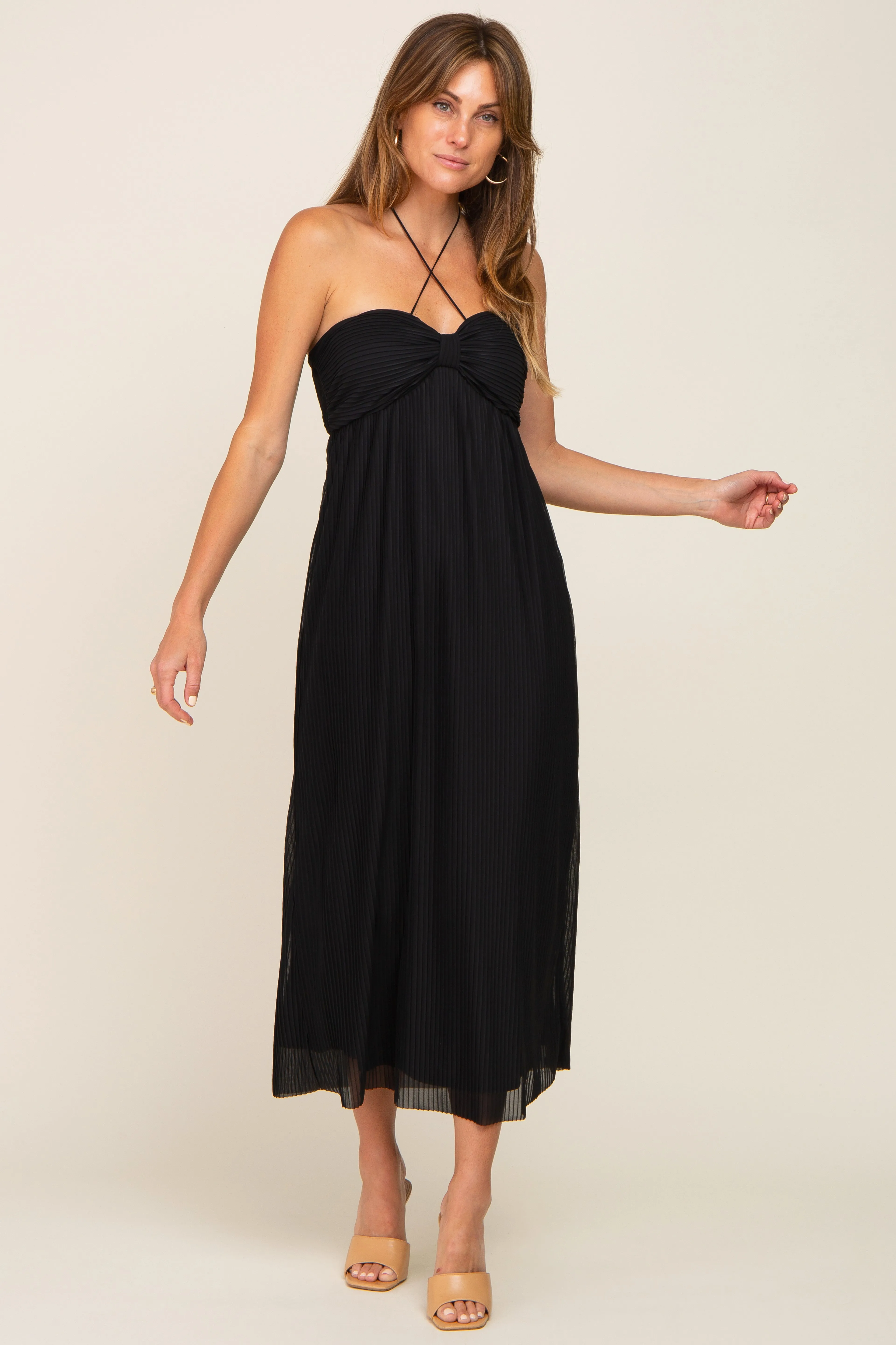 Black Pleated Cross Front Halter Midi Dress sold by Pinkblush product image thumbnail 4
