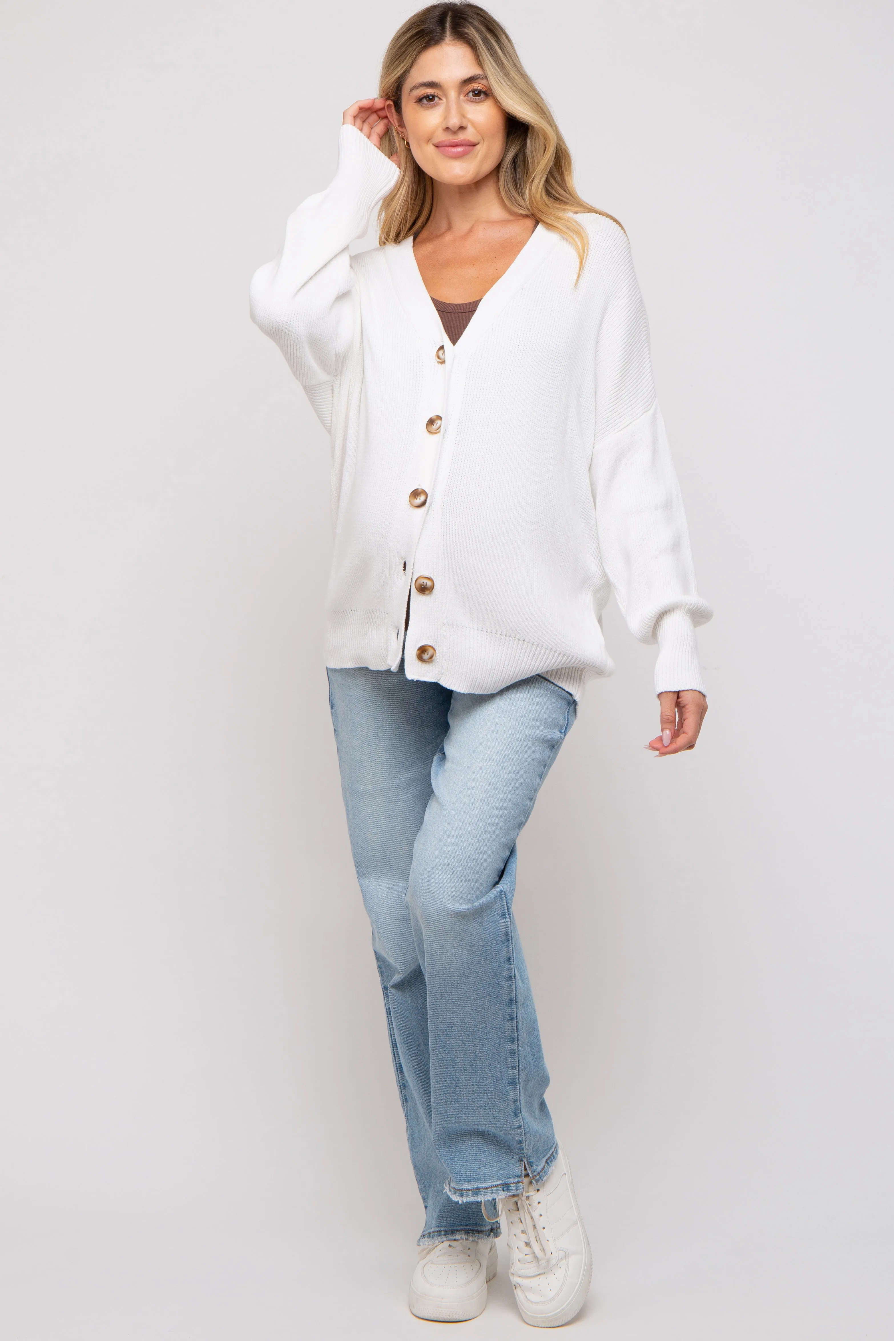 White Basic Ribbed Maternity Cardigan Sweater sold by Pinkblush product image thumbnail 4