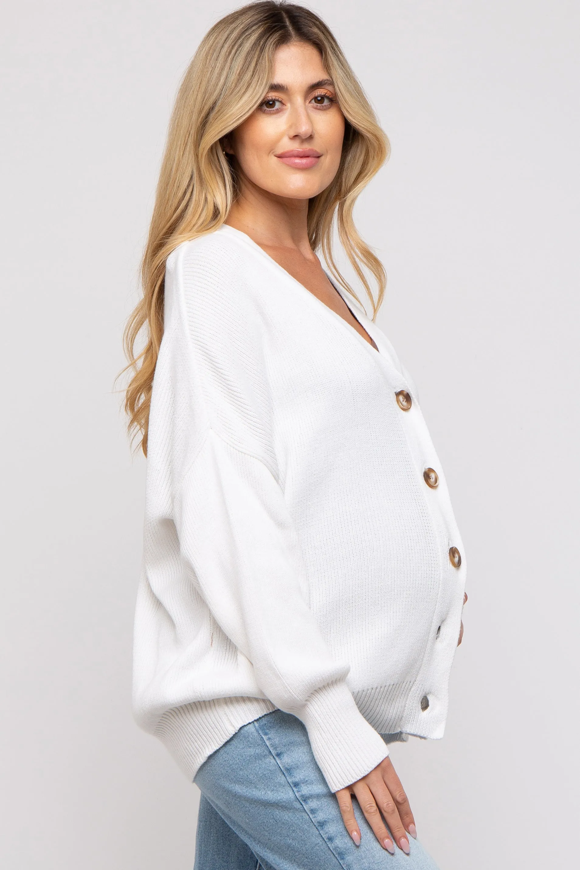 White Basic Ribbed Maternity Cardigan Sweater sold by Pinkblush product image thumbnail 2