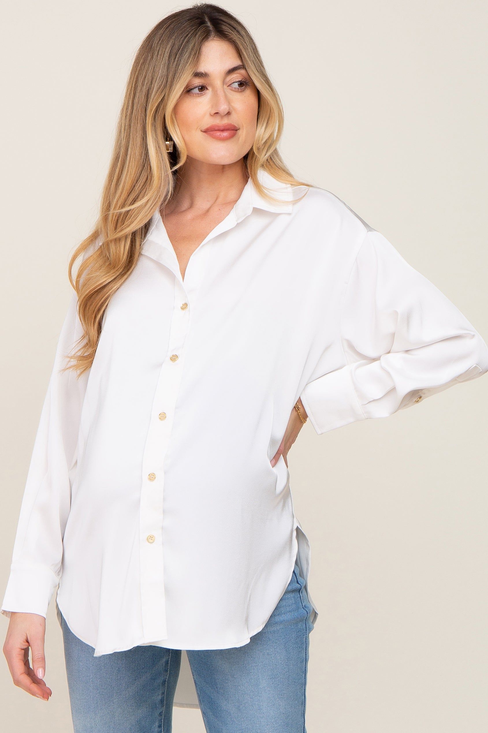 White Satin Button Up Maternity Blouse sold by Pinkblush product image thumbnail 2