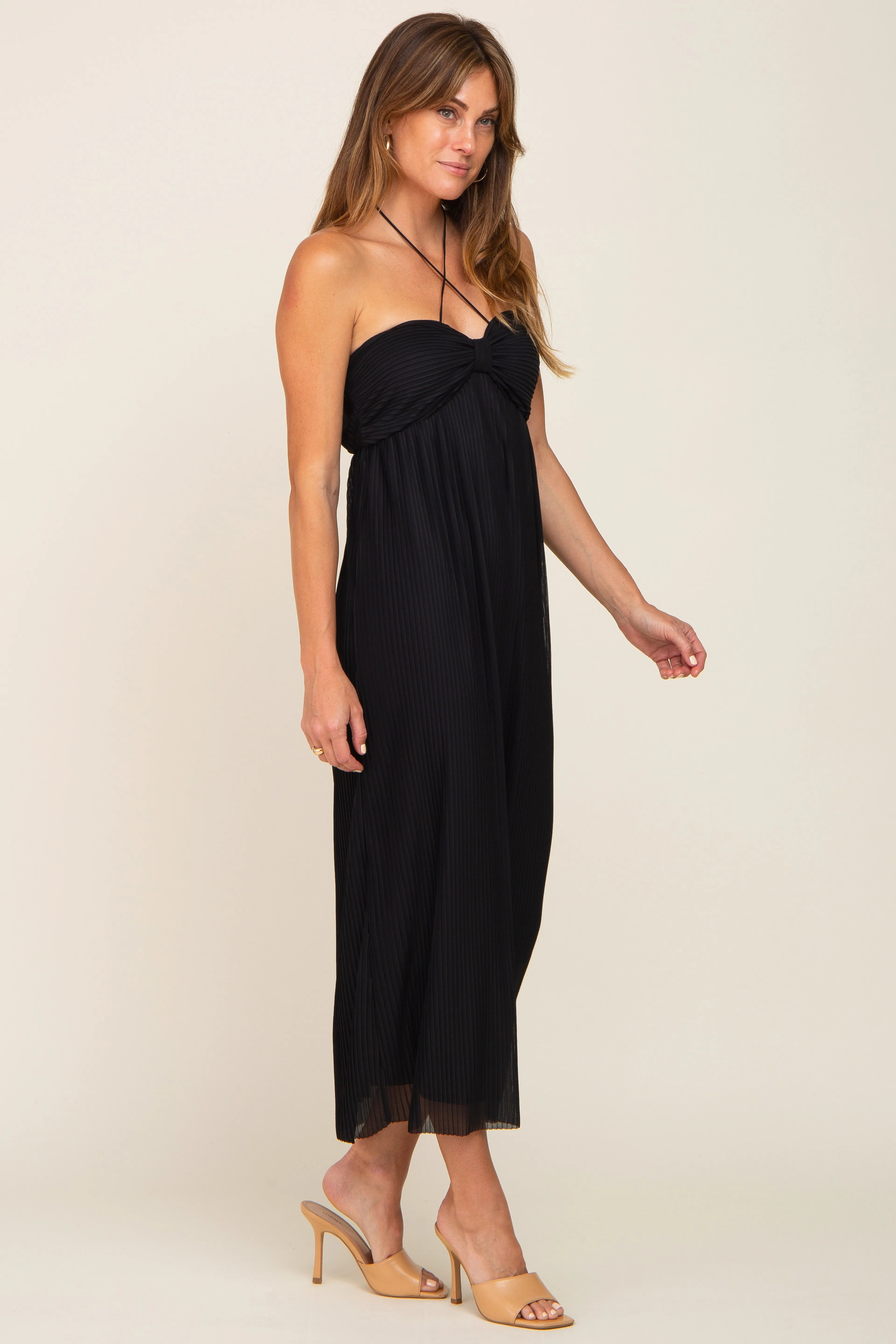 Black Pleated Cross Front Halter Midi Dress sold by Pinkblush product image thumbnail 2