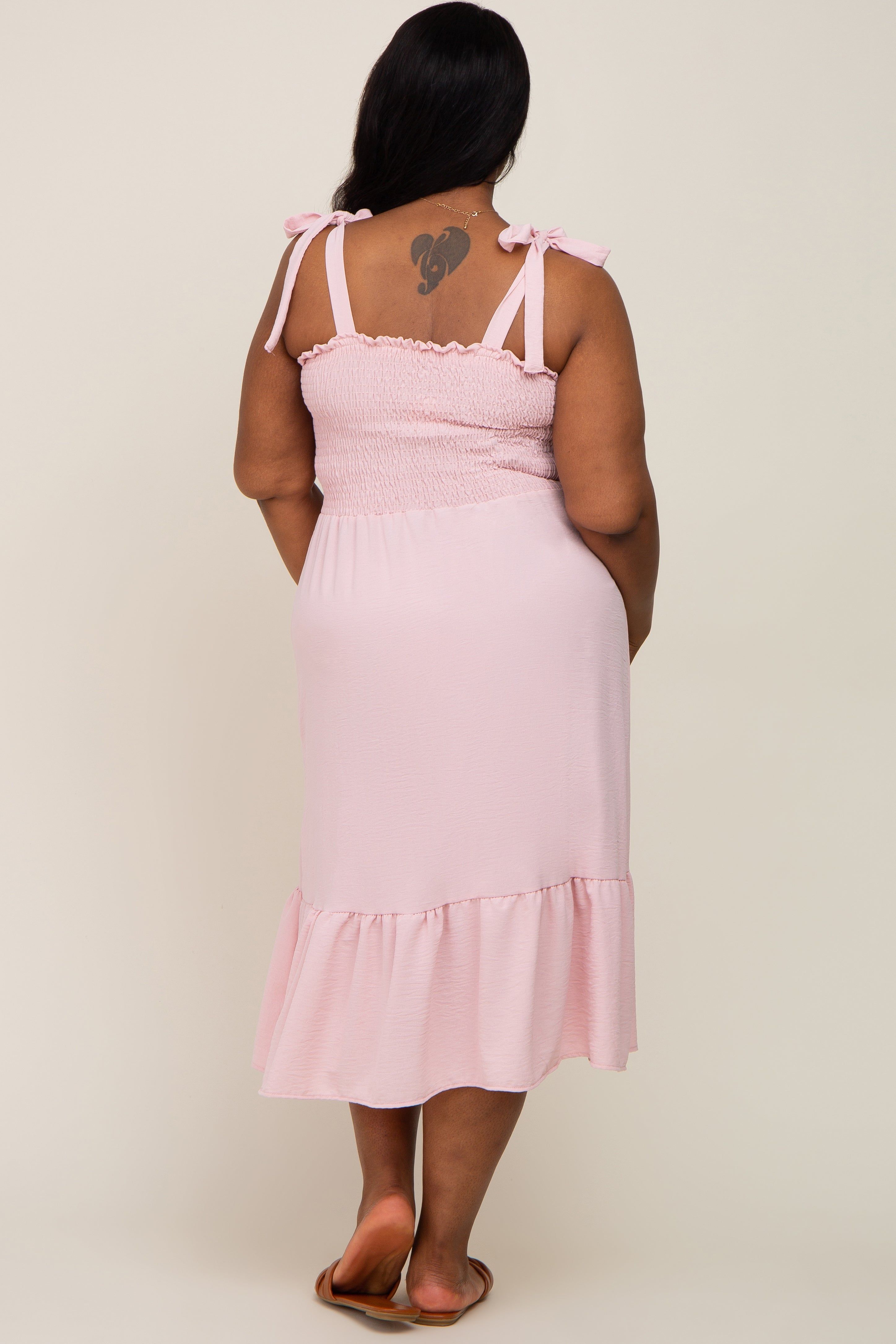 Light Pink Smocked Shoulder Tie Plus Midi Dress sold by Pinkblush product image thumbnail 3