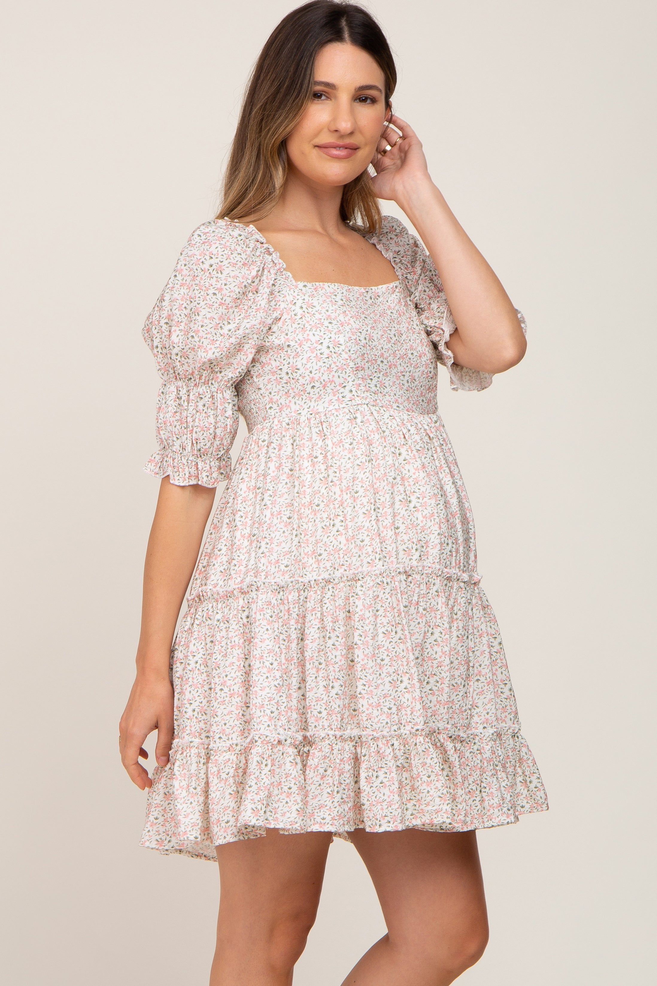 Ivory Floral Square Neck Ruffle Tiered Maternity Dress sold by Pinkblush product image thumbnail 2