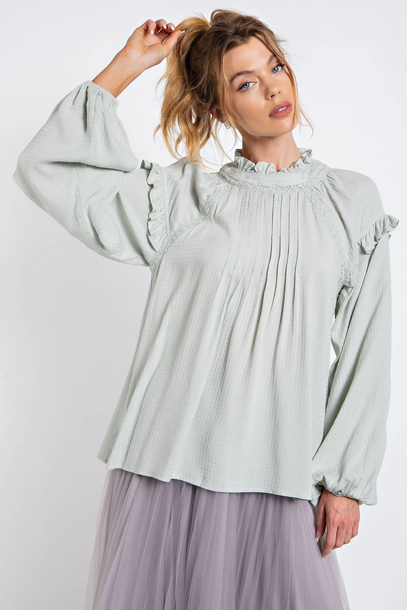 Sage Textured Crepe Loose Fit Blouse sold by Pinkblush