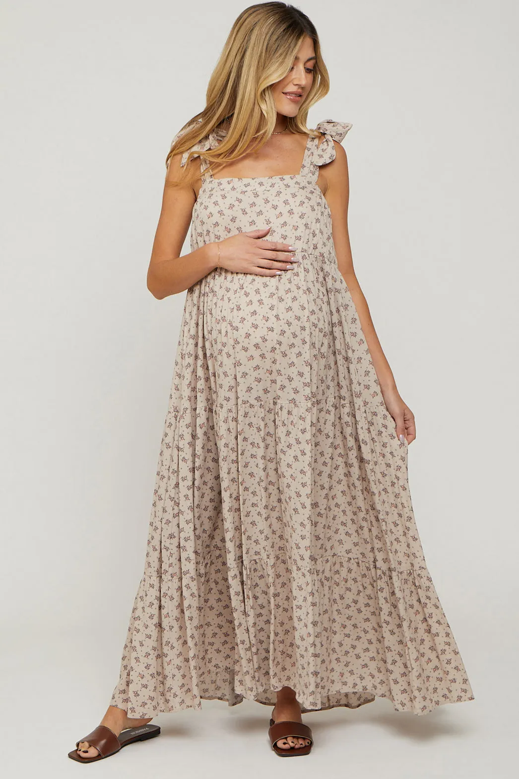 Taupe Floral Shoulder Tie Maternity Maxi Dress sold by Pinkblush