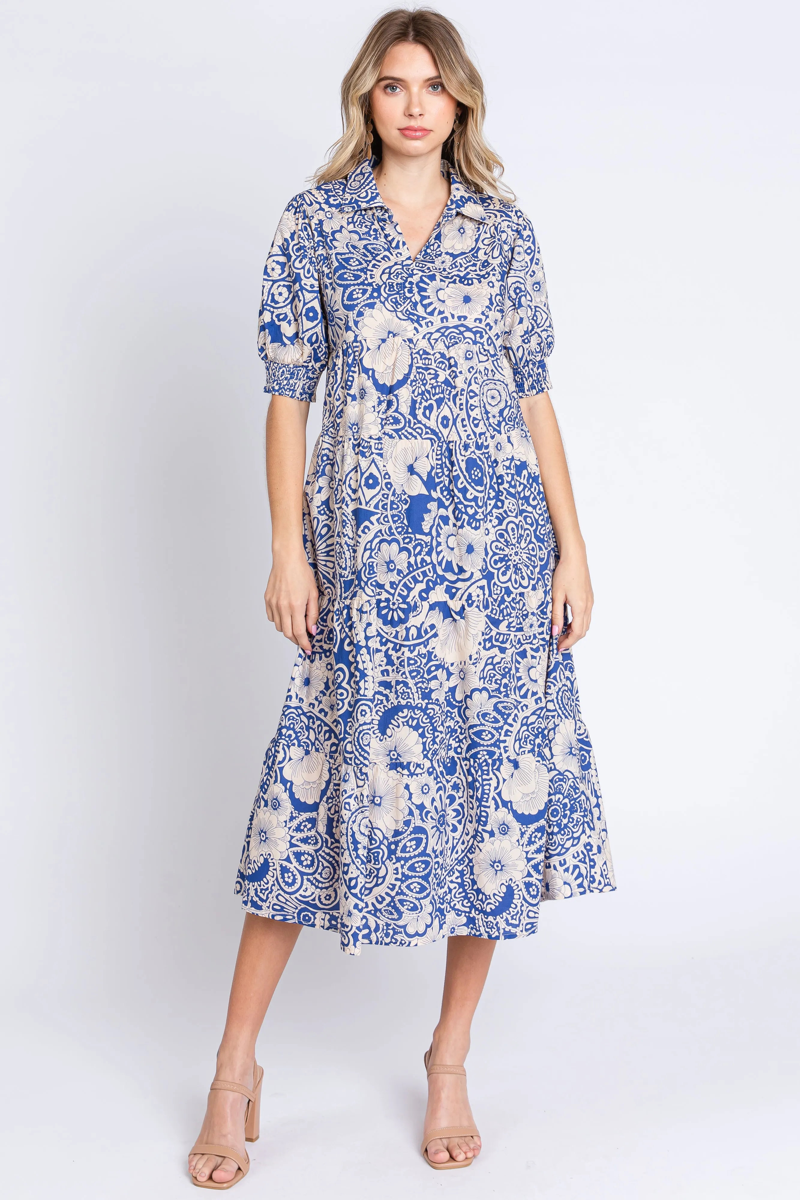Blue Floral Collared Tiered Maternity Midi Dress sold by Pinkblush product image thumbnail 5