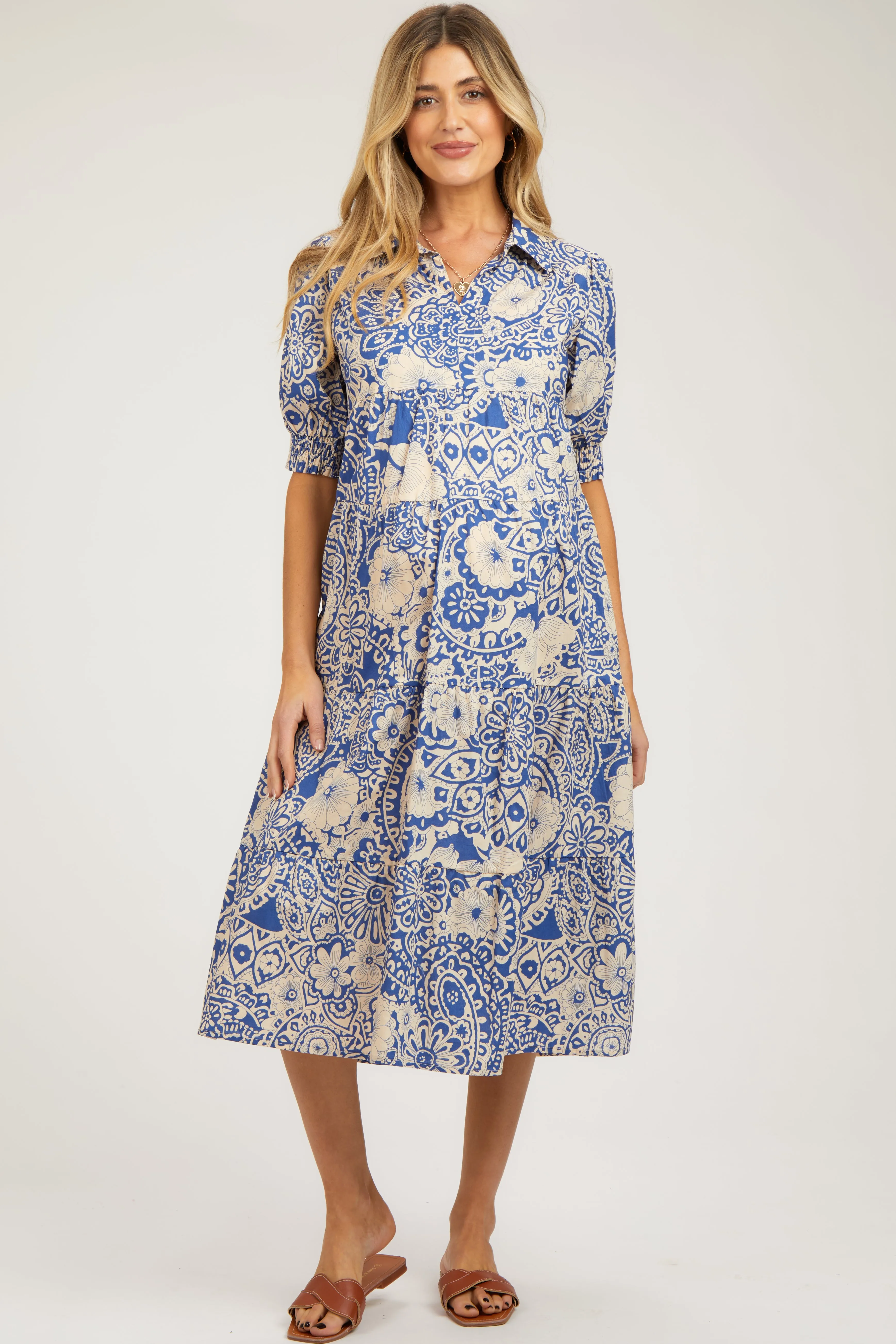 Blue Floral Collared Tiered Maternity Midi Dress sold by Pinkblush product image thumbnail 2