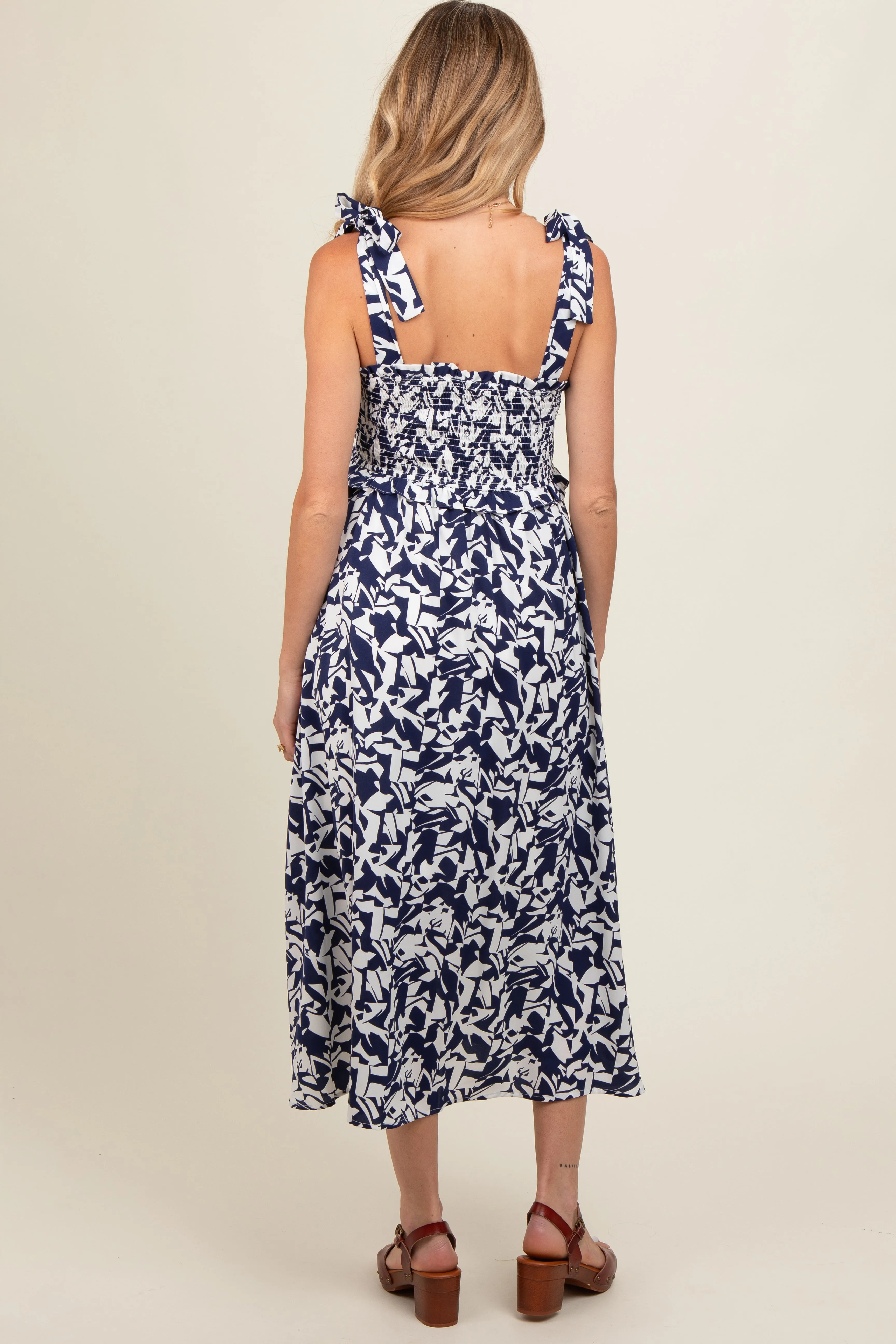 Navy Printed Smocked Shoulder Tie Maternity Midi Dress sold by Pinkblush product image thumbnail 3