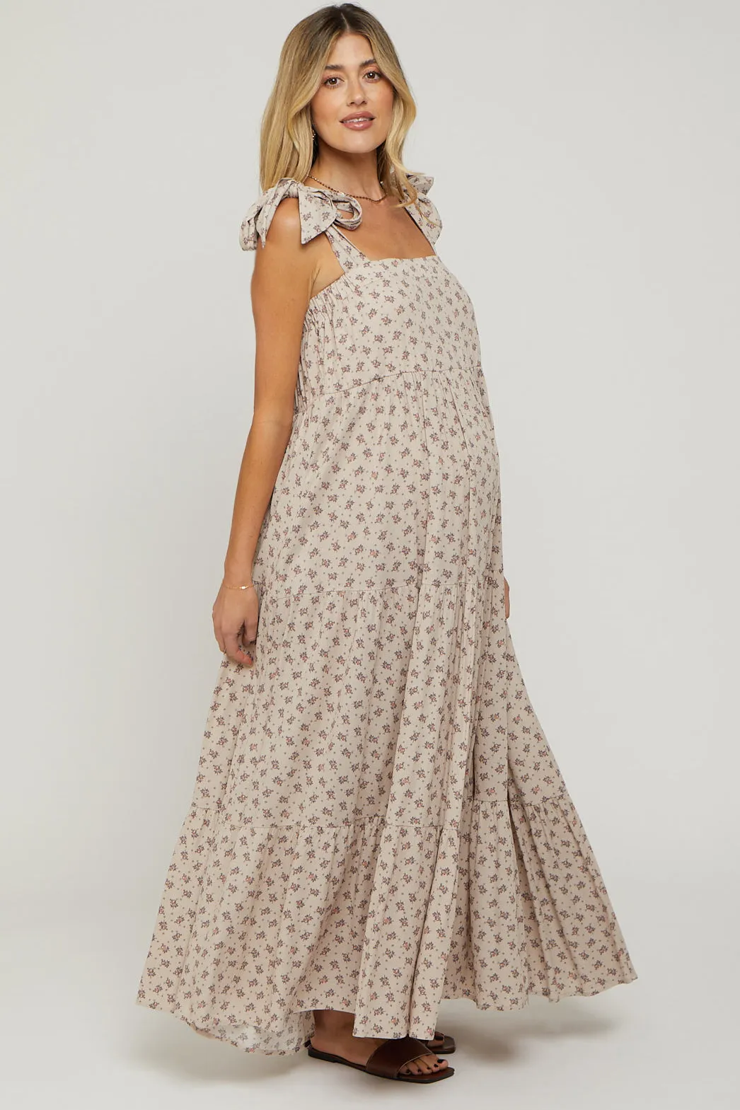 Taupe Floral Shoulder Tie Maternity Maxi Dress sold by Pinkblush product image thumbnail 2