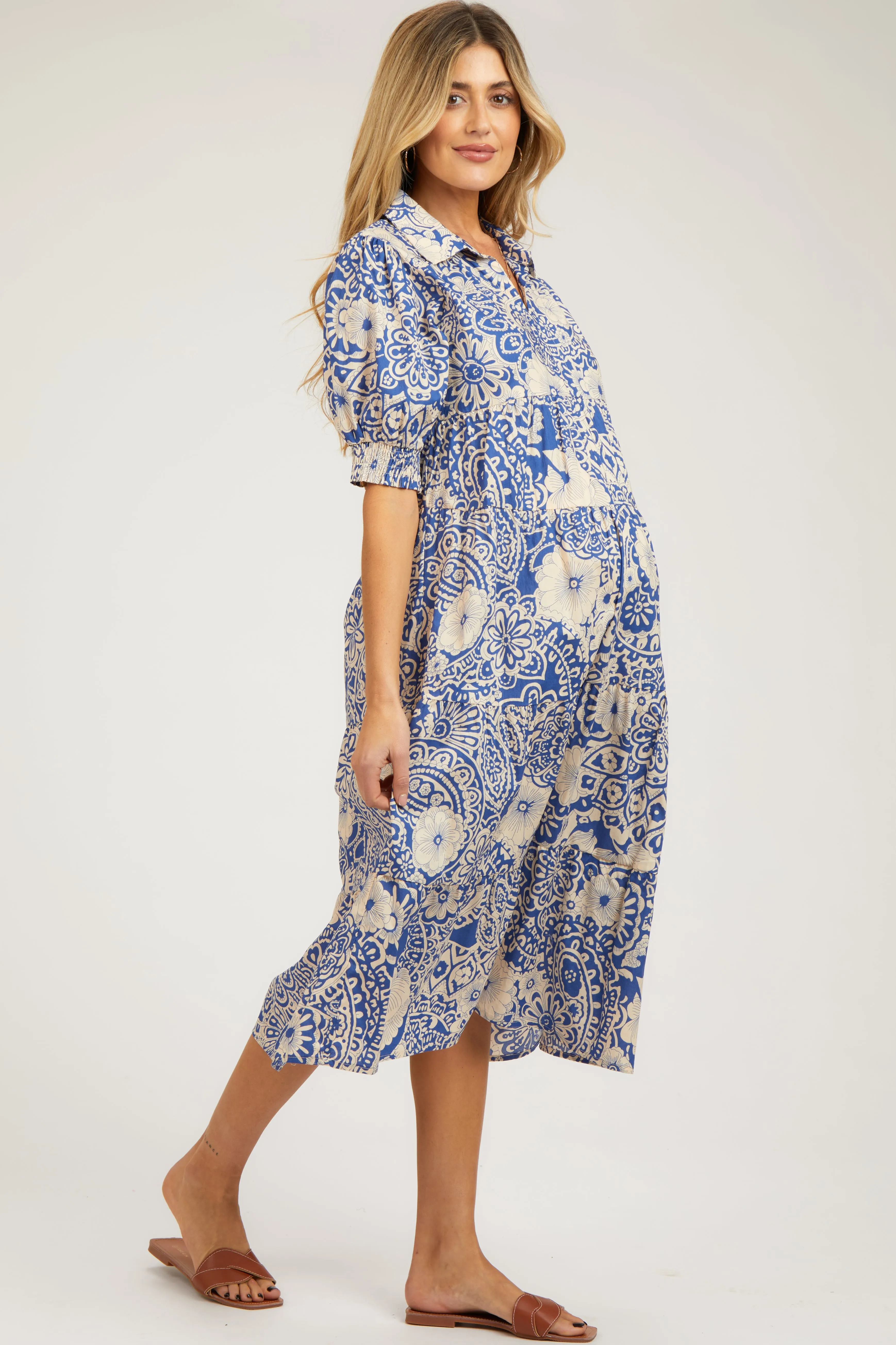 Blue Floral Collared Tiered Maternity Midi Dress sold by Pinkblush product image thumbnail 3
