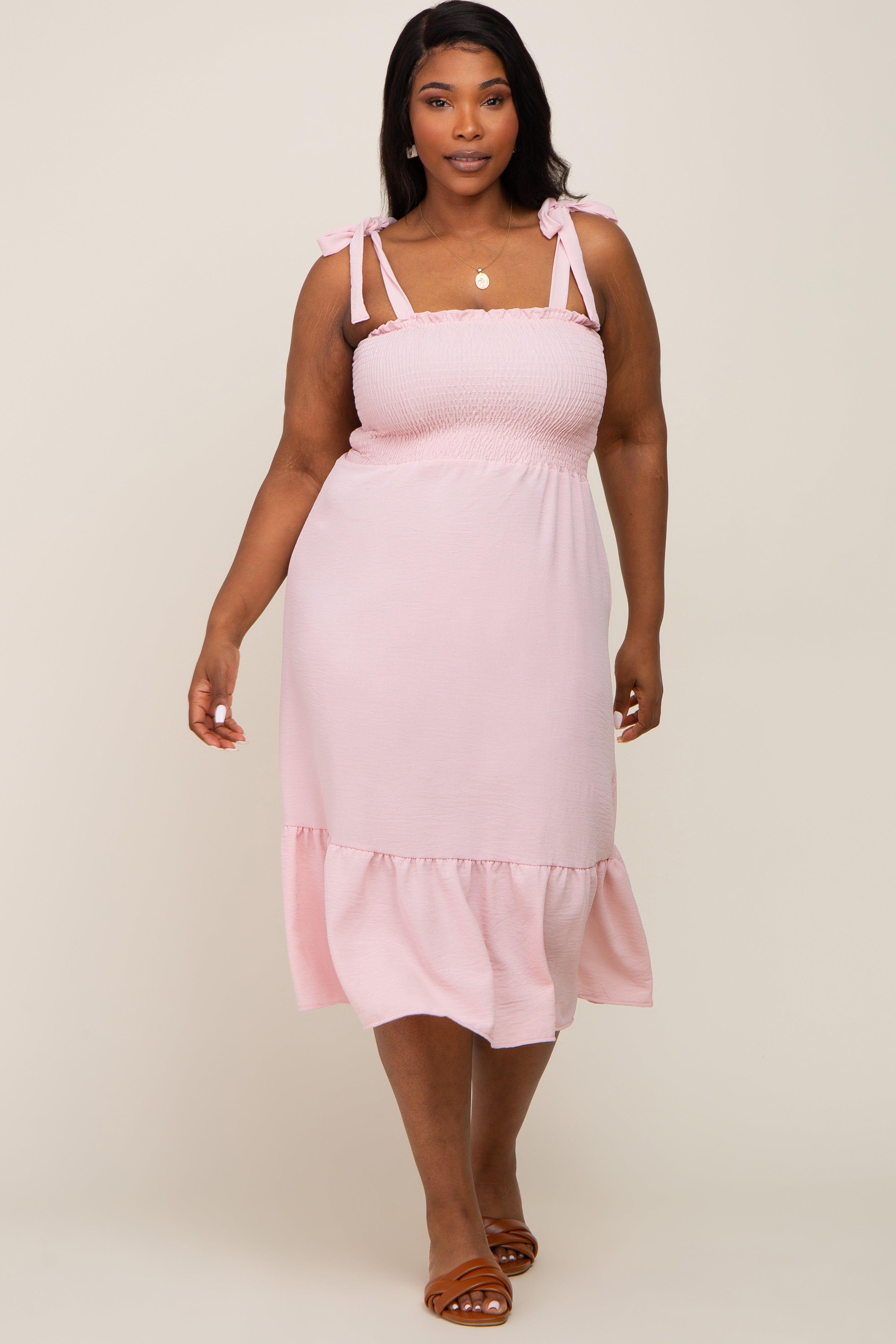 Light Pink Smocked Shoulder Tie Plus Midi Dress sold by Pinkblush product image thumbnail 5